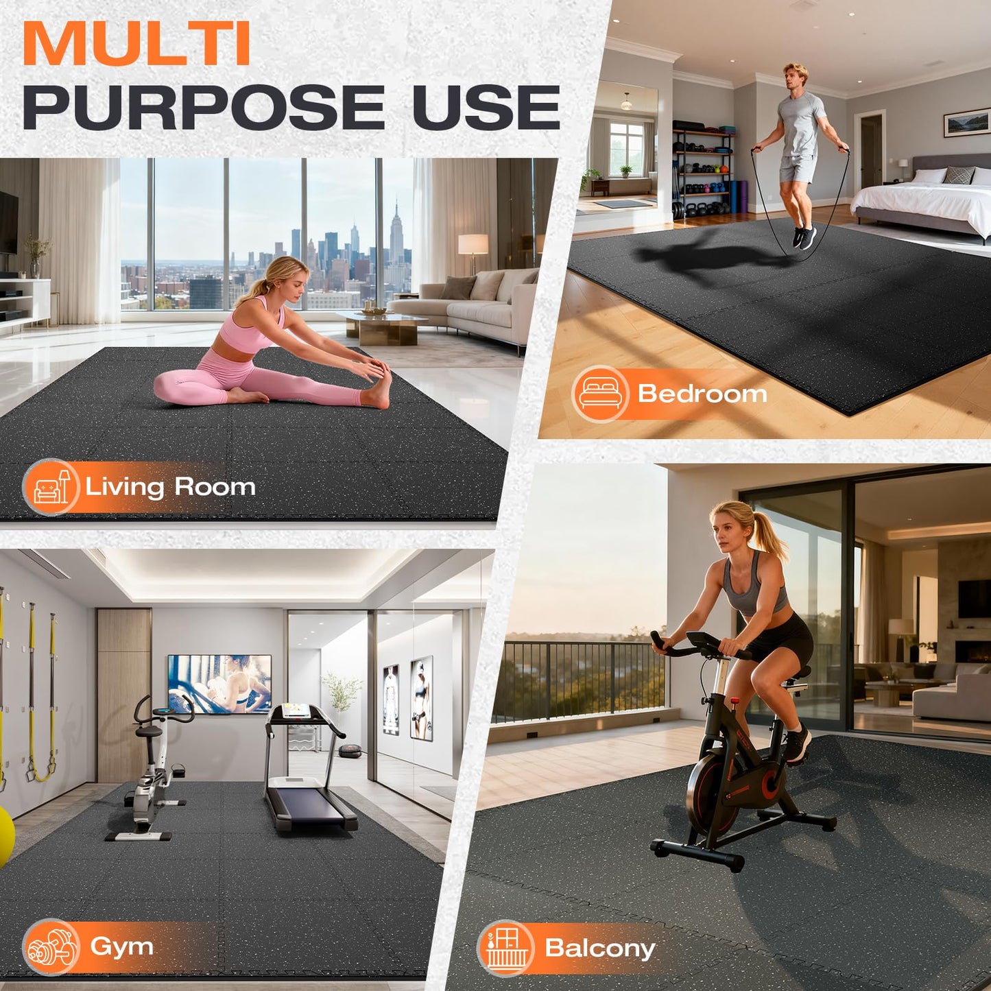 FLEXLIFT 0.56'' Thick 24 Pcs 96 Sq Ft Non-Slip Rubber Top Exercise Equipment Mats, High Density EVA Foam Mats with Rubber Top, Interlocking Puzzle Gym Flooring for Home Gym, Workout Floor Mats, Black