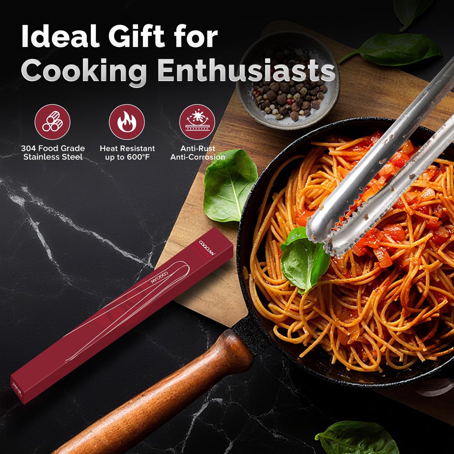 COOCLAN Precision Serrated Non-Slip Tips Cooking Tongs 2 Set (11.5" & 13.5"), 18/8 Stainless Steel Metal Tong, Light but Durable, Easily Control Kitchen Tweezer Tongs for Frying, Plating, BBQ
