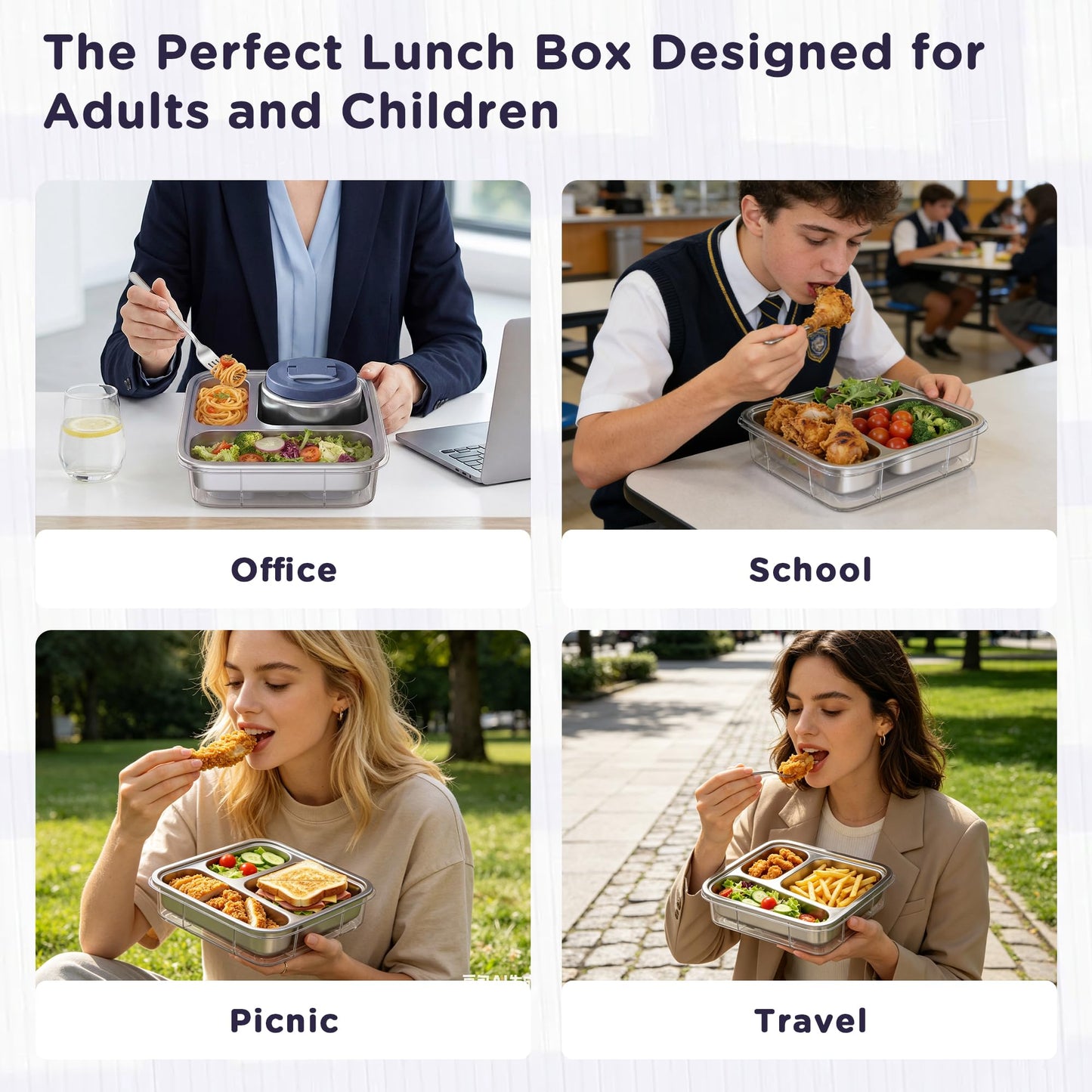 Fomazi Stainless Steel Bento Lunch Box for Kids Adults with 8oz Insulated Food Jar, Leak-proof, Dishwasher-Safe, Transparent Lid with Sauce Cup and Cutlery Storage for School & Travel,BPA-Free(Blue)