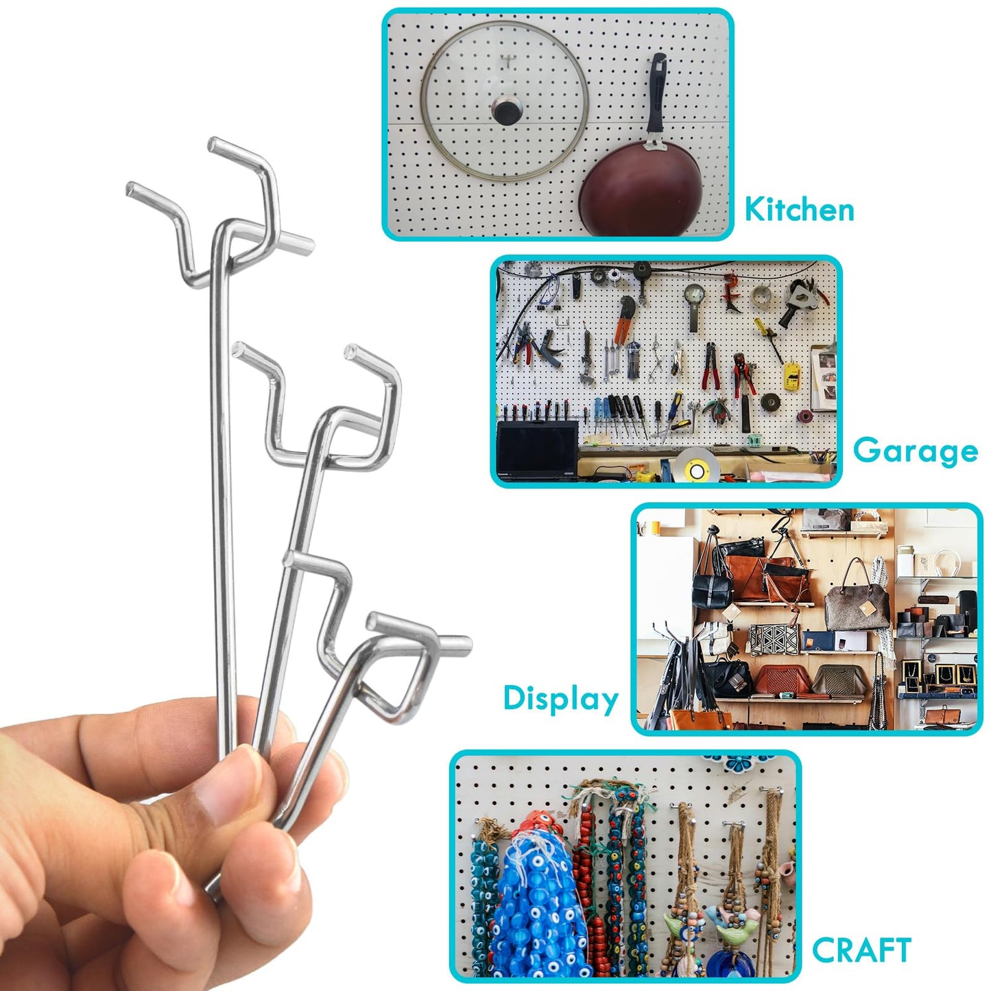 Pegboard Hooks Accessories - 62pcs 2/4/6 Inch Metal Peg Board Tool Hangers, Fits 1/8 1/4 Pegs Slots, Pegboard Wall Organizer Shelving Racks, Hanging Display Storage Holders for Garage Craft Office