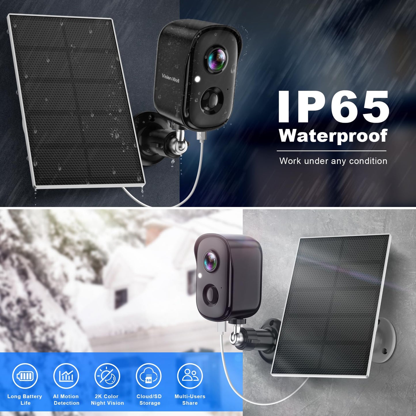 Security Cameras Wireless Outdoor, 2K WiFi Cameras for Home Security with Solar Panel Battery Powered AI Motion Detection Spotlight Siren Alarm Surveillance Home Security Cameras, Color Night Vision