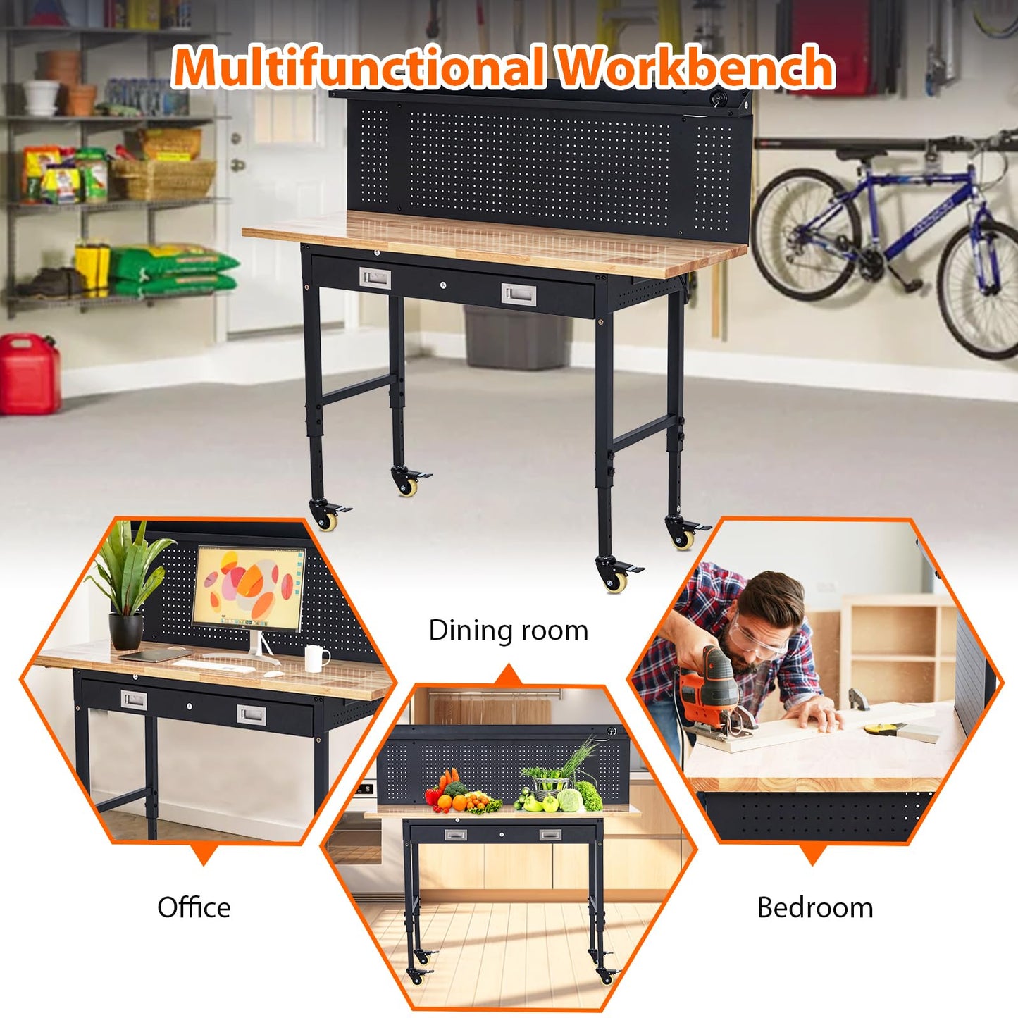 ACONEE 60" Adjustable Workbench with Drawer Storage, Heavy-Duty Worktable with Pegboard & Power Outlet, Solid Steel Frame, 2000LBs Load Capacity Rubber Wood Top Workbench for Garage, Office, Workshop