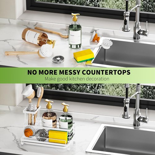 Cisily Stainless Steel Kitchen Sink Caddy - Rustproof Organizer & Non-Slip Soap Dish Holder | White