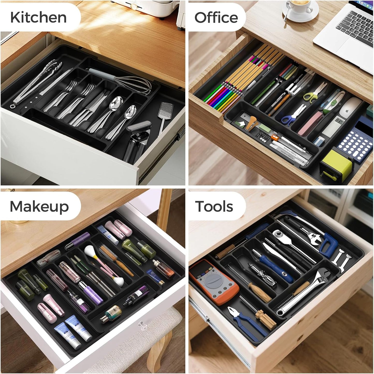 Ukeetap Extra Large Expandable Silverware Organizer - BPA-Free Cutlery Holder for Kitchen Drawers | Black