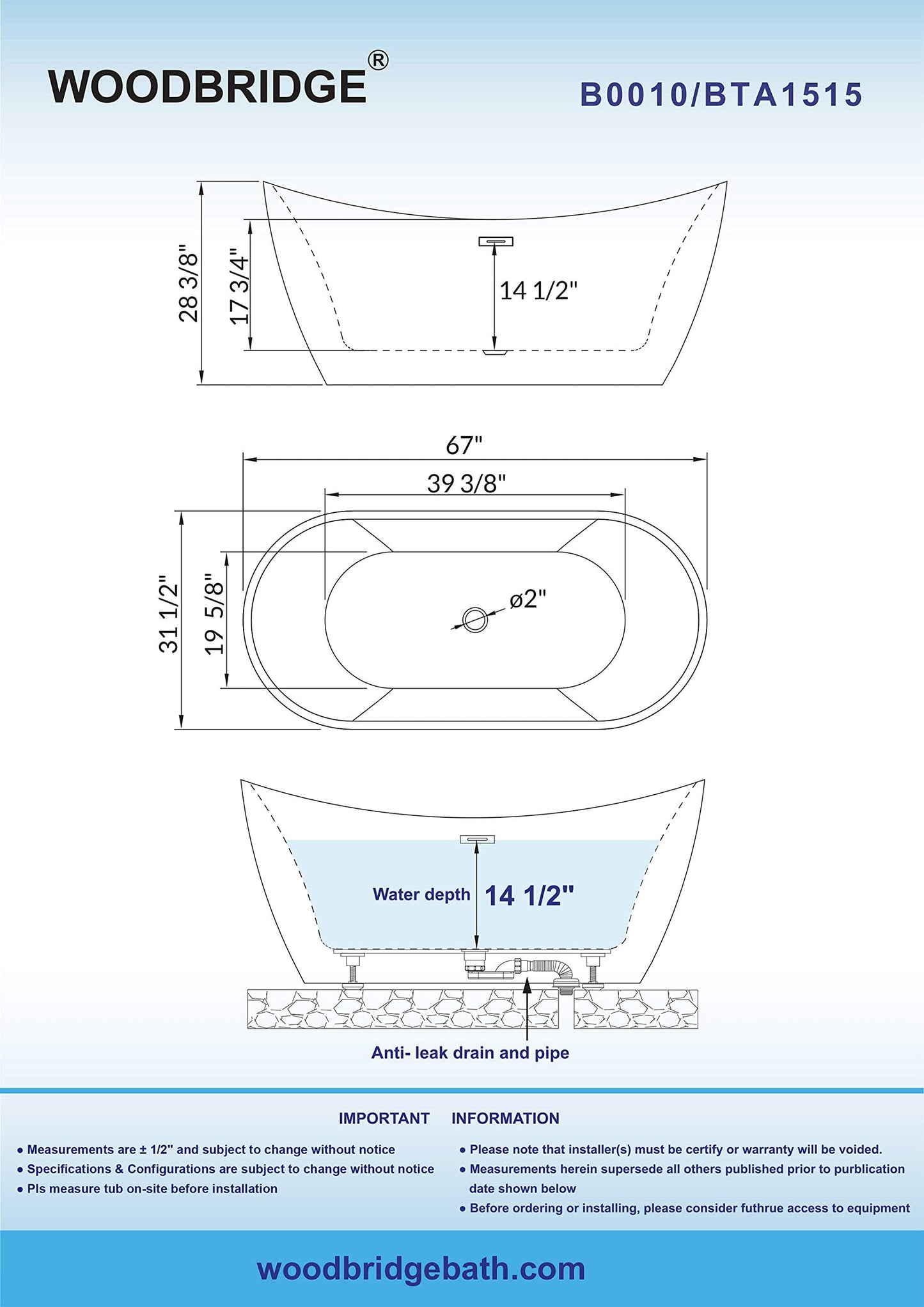 WOODBRIDGE 67" Acrylic Freestanding Bathtub Contemporary Soaking White Tub with Brushed Gold Overflow and Drain,B0010-BG