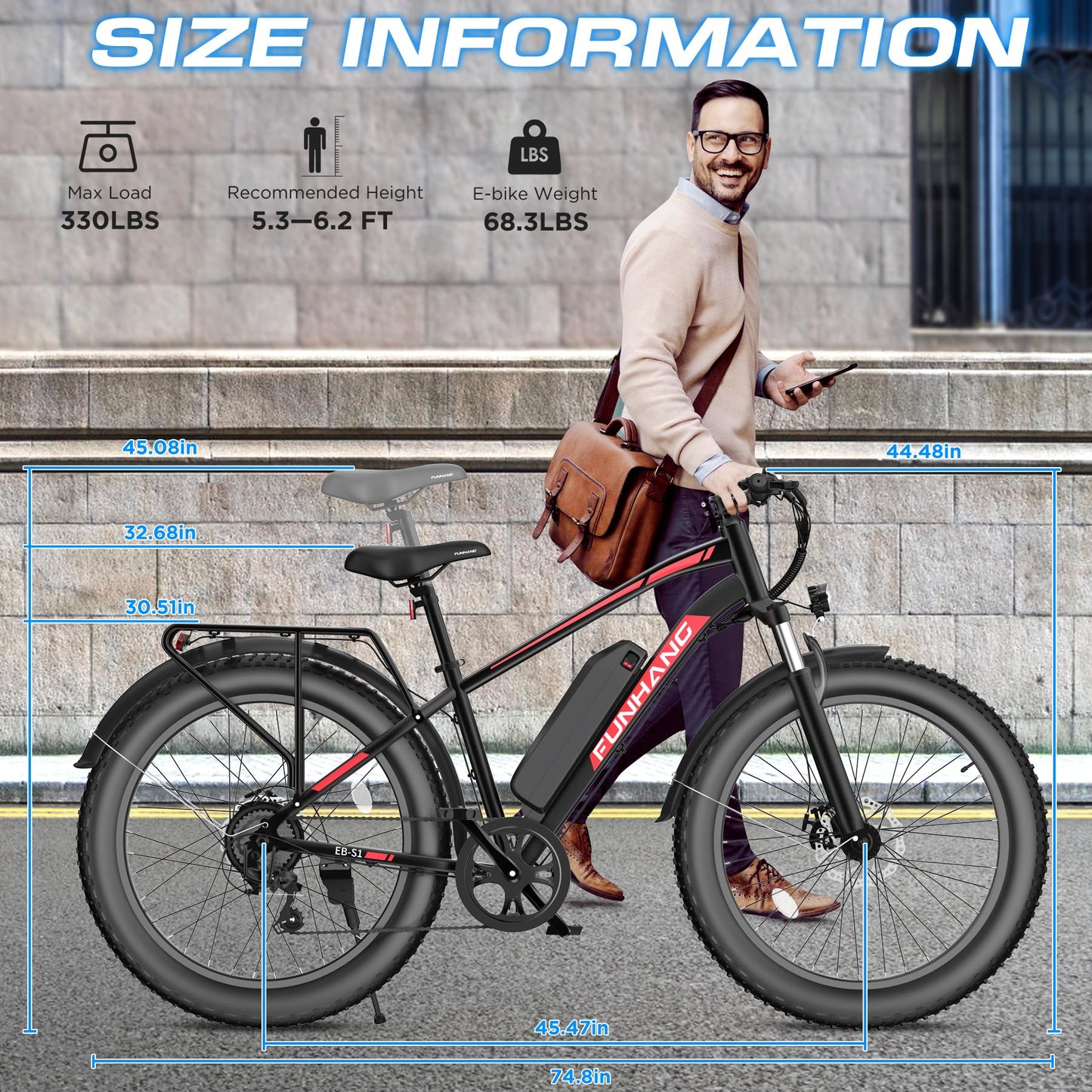 Funhang Electric Bike for Adults, 1000W Peak Ebike, 20MPH 60Miles Electric Mountain Bike, 26" Fat Tire Electric Bicycle with 48V 13AH Battery, Front Suspension,7 Speed, Rear Rack, UL 2849 Certified