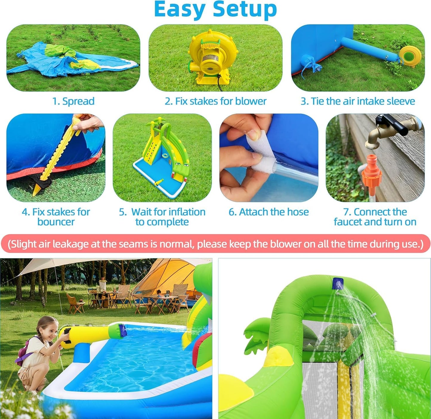 TOAOB Inflatable Water Slide:5 in 1 Crocodile Bounce House Water Park for Kids - Climbing Wall Splash Pool Water Cannon Basketball Rim - 480W Blower - for Indoor Outdoor Backyard Birthday Party