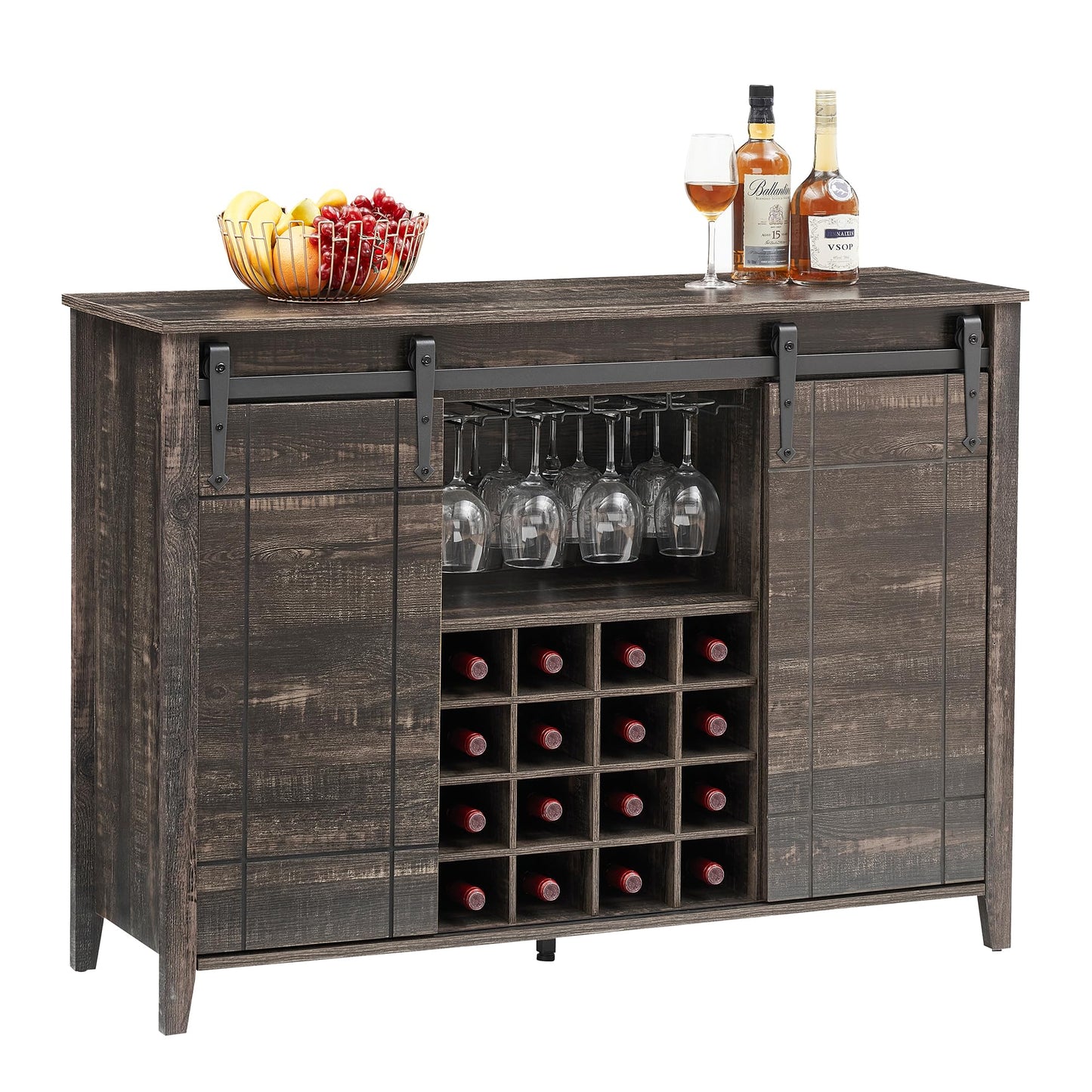 IDEALHOUSE Wine Bar Cabinet,Coffee Bar Cabinet,Farmhouse Liquor Station,Rustic Buffet Sideboard with Sliding Barn Doors,Wine & Glass Racks,Adjustable Shelves,for Living Room,Kitchen,Entryway(Fire)