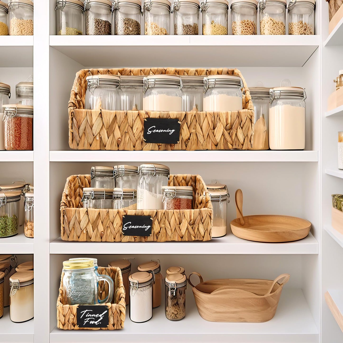 Wonderjune 4 Pcs Water Hyacinth Storage Basket Set Boho Wicker Rattan Pantry Basket with Chalkboard Label Handles Woven Container Kitchen Laundry Large Small for Shelves Food Home Bathroom Decor
