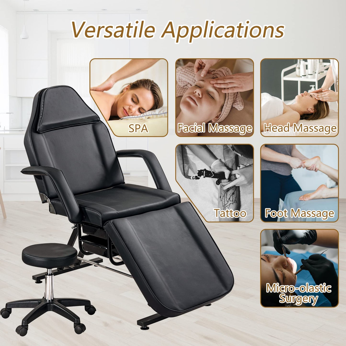 Konsilsa Multi-Purpose 3-Section Facial Bed Table with Hydraulic Stool - Adjustable Beauty Salon Tattoo Chair, Esthetician Spa Equipment, Two Removable Trays for Massage, Facial Lash Treatments