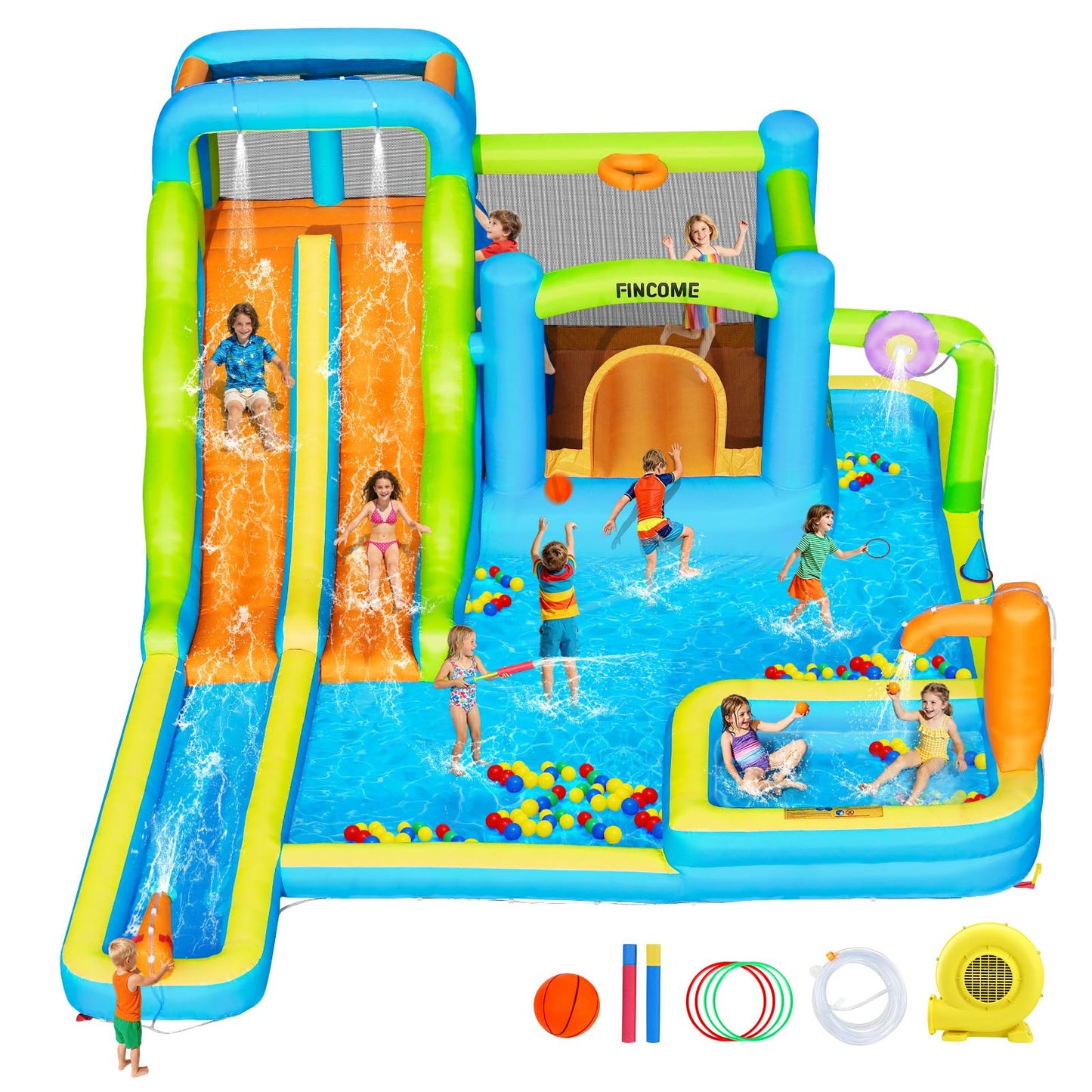 FINCOME Water Bounce House with Double Slide for Kids 3-10, Large Inflatable Water Bouncy Castle with Long Water Slide Jumping Climbing Pool Air Blower, Bouncy House for Party Birthday Holiday Summer