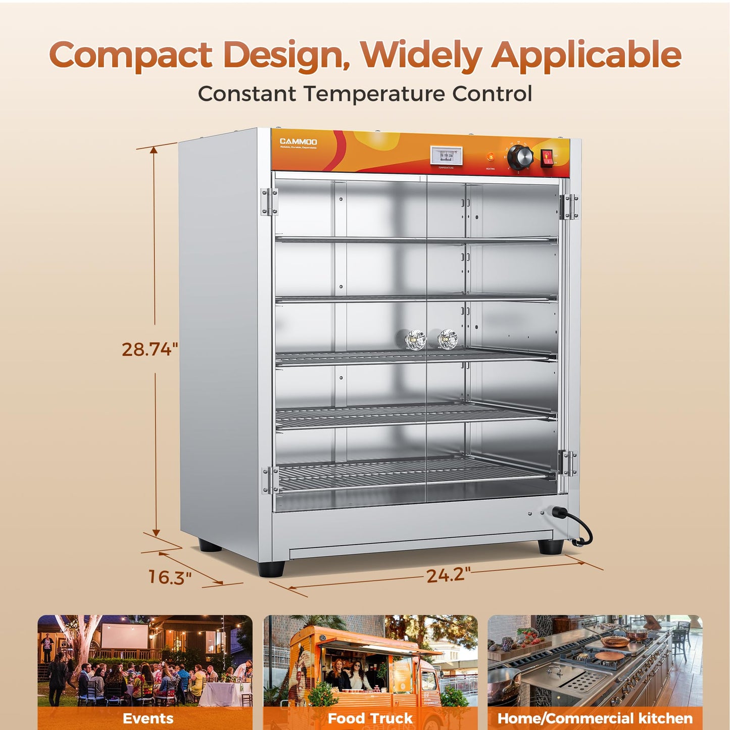 CAMMOO 133Qt 5-Tier 900W Commercial Food Warmer w/ 304 Blued Stainless Steel Heating Element, Double-Tempered Glass Door, Adjustable Shelf, Electric Catering Hot Box Countertop Heated Holding Cabinet