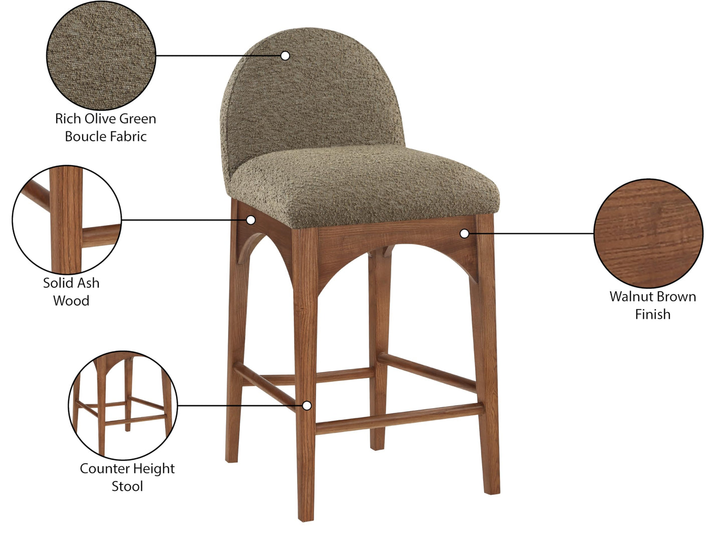 Meridian Furniture 399Olive-C Waldorf Collection Art Deco Stool with Rich Olive Green Boucle Fabric, Solid Ash Wood, Walnut Brown Finish, Counter Height Stool, 18" W x 20" D x 37" H, Olive