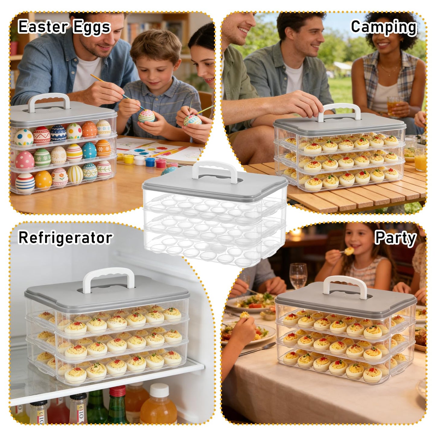 BOUTICOL 3-Layer Deviled Egg Container with Lid and Handle, Clear Plastic Deviled Egg Carrier Storage 72 Eggs, Portable Stackable Eggs Holder Platter for Easter, Thanksgiving Day, Party, Picnic