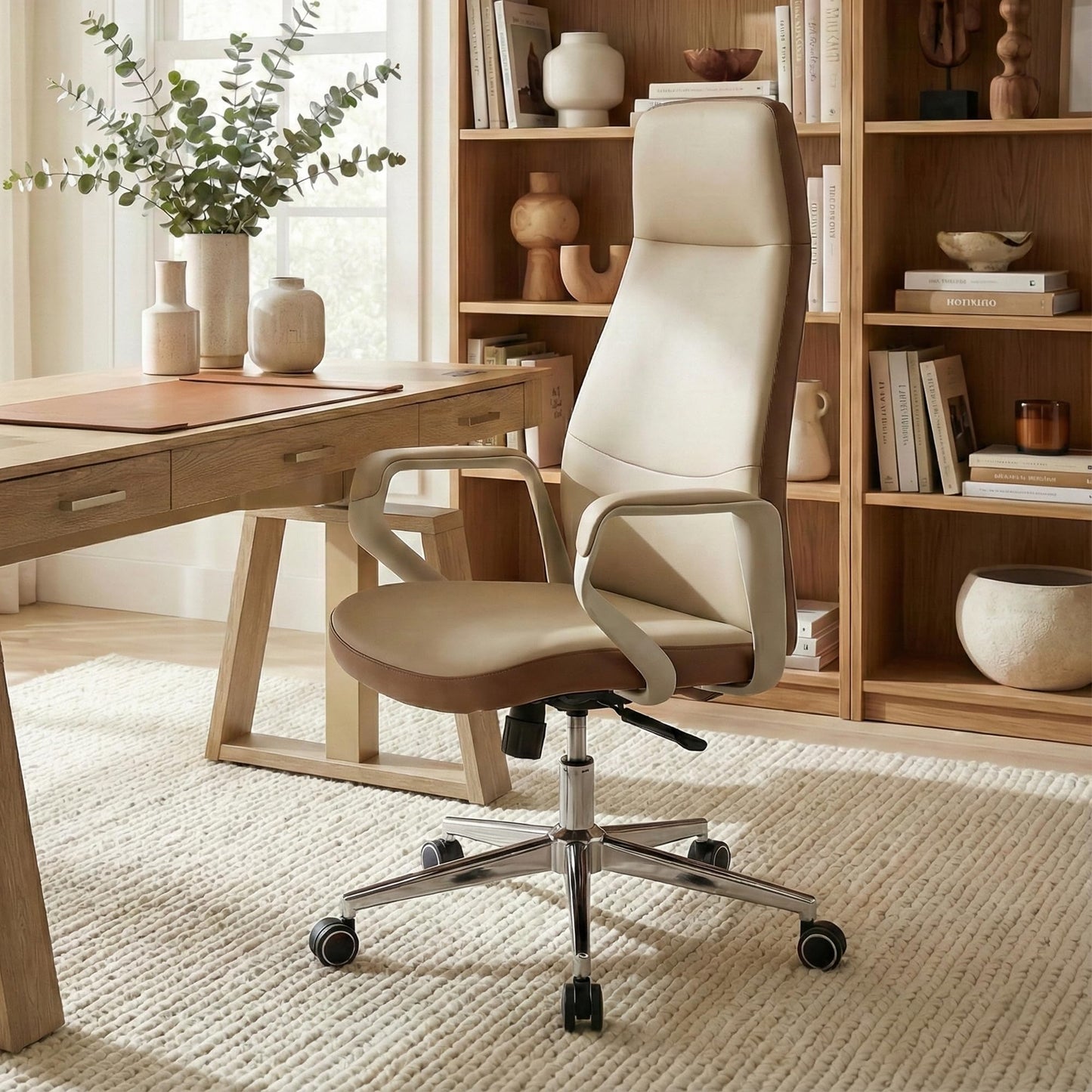 EUREKA ERGONOMIC Clara Executive Office Chair, Modern Leather Desk Chair with Back Support, Big and Tall Home Office Chair with 3-Position Recline Lock, Beige Brown