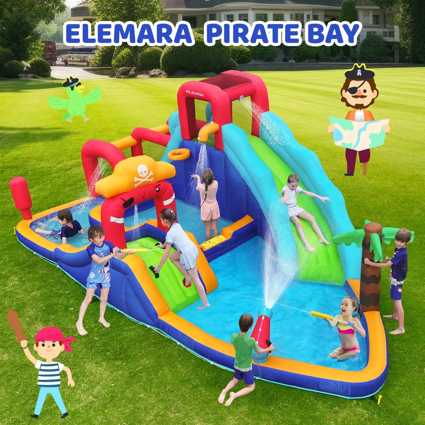ELEMARA Inflatable Water Slide Bounce House, 10 in 1 Inflatable Water Park with Blower, 2 Slides & 2 Climbing Walls & 2 Water Guns, Deep Pool Giant Splash Pool, Water Slides for Kids Backyard for 6
