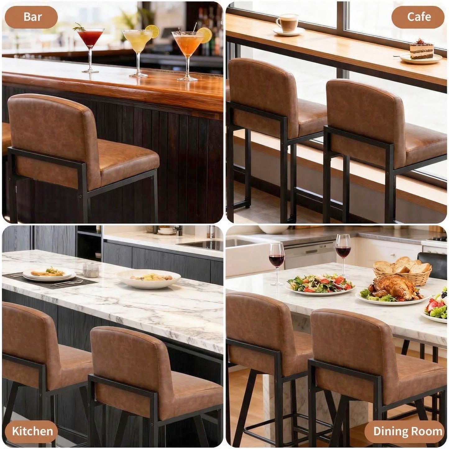 GarveeHome Bar Stools Set of 4, Modern Counter Height Bar Stools with Back and Footrest, Faux Leather Upholstered Barstools Chairs for Kitchen Island Dining Room Bar, Brown