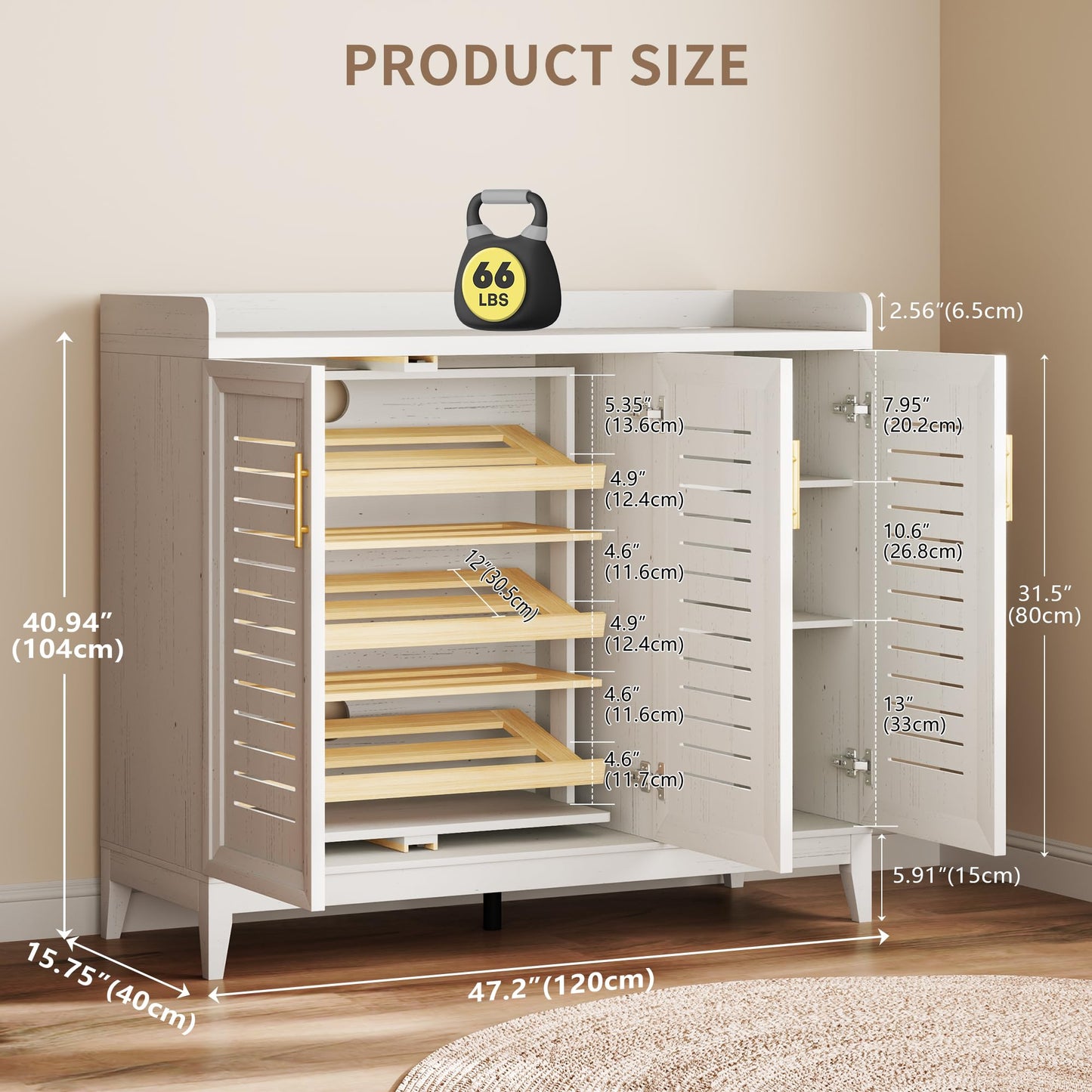 Vlsrka 6 Tier Shoe Storage Cabinet with Shutter Doors and Adjustable Shelves, Rotating Shoe Organizer Cabinet with Human Sensor Lighting, Wooden Shoe Cabinet for Entryway, Hallway, Living Room, White