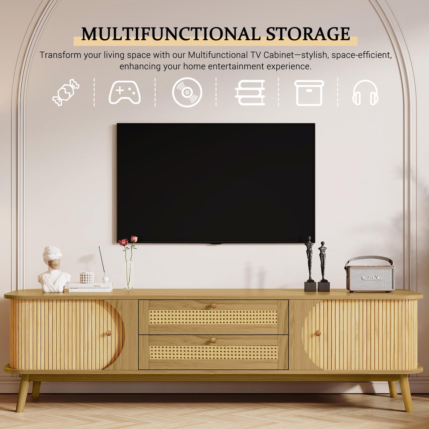 Merax Rattan TV Stand for TVs up to 75", Modern Farmhouse Media Console with Multi-Functional Storage, Boho Entertainment Center with Solid Wood Legs, Television Cabinet for Living Room, Natural+Wood