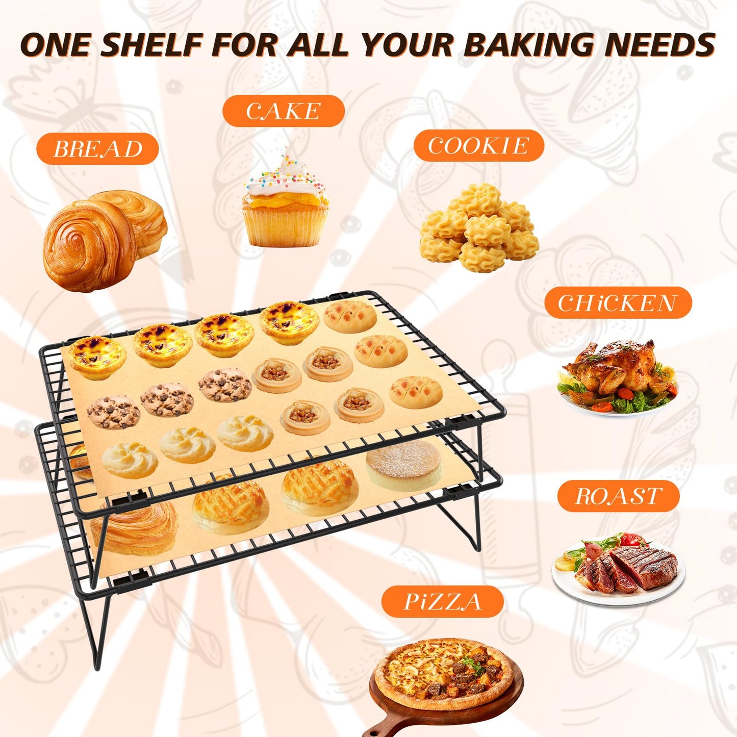 ZHIWUJIA 2-Tier Stackable Cooling Rack with Legs, 13"x 9" Nonstick Collapsible Wire Rack with 50 Pcs Parchment Paper for Baking Cookies, Cakes, Bread, Pizza