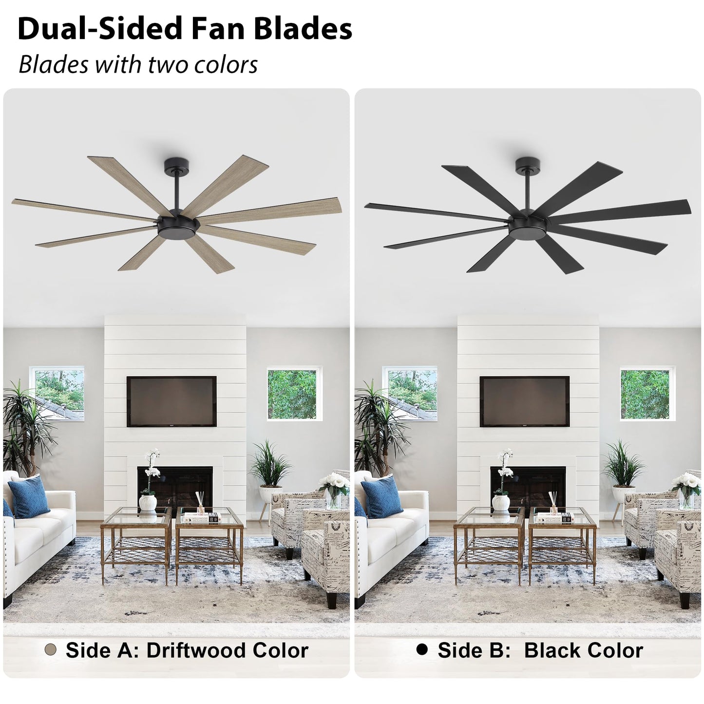 WINGBO 60" Black Ceiling Fan without Light, Modern Large Ceiling Fan with Remote Control, 6-Speed Reversible Noiseless DC Motor, Black/Driftwood Blades for Living Room, Bedroom & Covered Outdoor