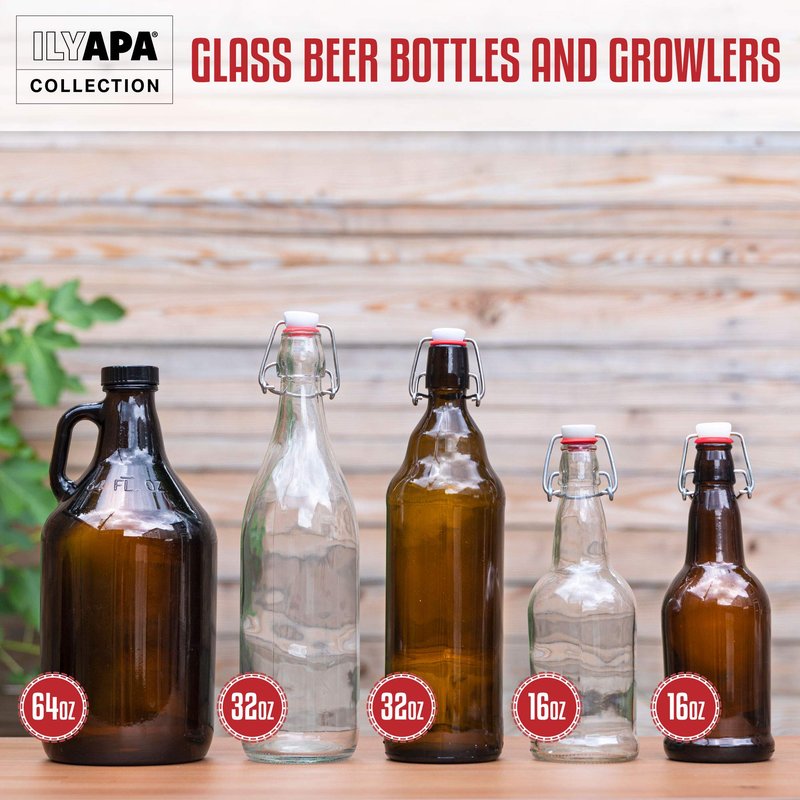 Ilyapa 16 Ounce Amber Swing Top Glass Bottles - 12 Pack Flip Top with Airtight Lid, for Home Brewing - Kombucha, Soda, Coquito, Kefir, Juice