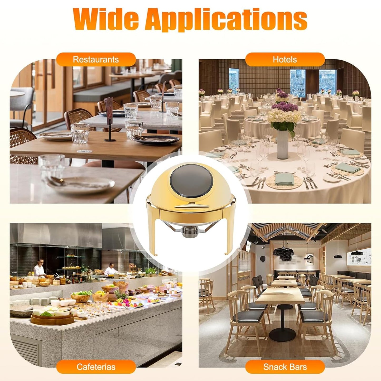 ZephPerton Round Gold Buffet Chafing Dish, Buffet Server Capacity Golden Food Warmer, 180° Roll Top with Visible Glass Lid & Surround Water Heat Insulation for Home Restaurant Party Catering Hotel