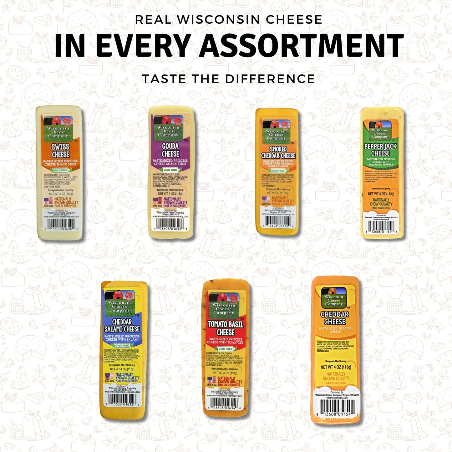 Wisconsin Cheese Company - Specialty 100% Wisconsin Cheese Block Assortment Sampler - (Pack of 7 Blocks) Cheddar, Pepper Jack, Swiss, Gouda, Salami, Smoked Cheddar & Tomato Basil | Locally Sourced | Perfect for Parties, Charcuterie Boards and Birthday Gif