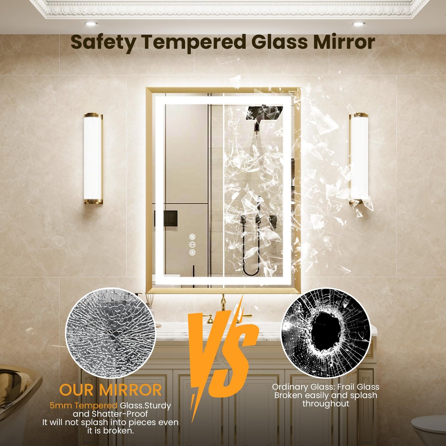 miskerm 55x36 Bathroom Mirror with Lights, Brushed Gold Metal Frame with Backlit + Front Lit, LED Bathroom Mirror, Anti-Fog, Dimmable, Bathroom Vanity Mirror Tempered Glass(Horizontal/Vertical)