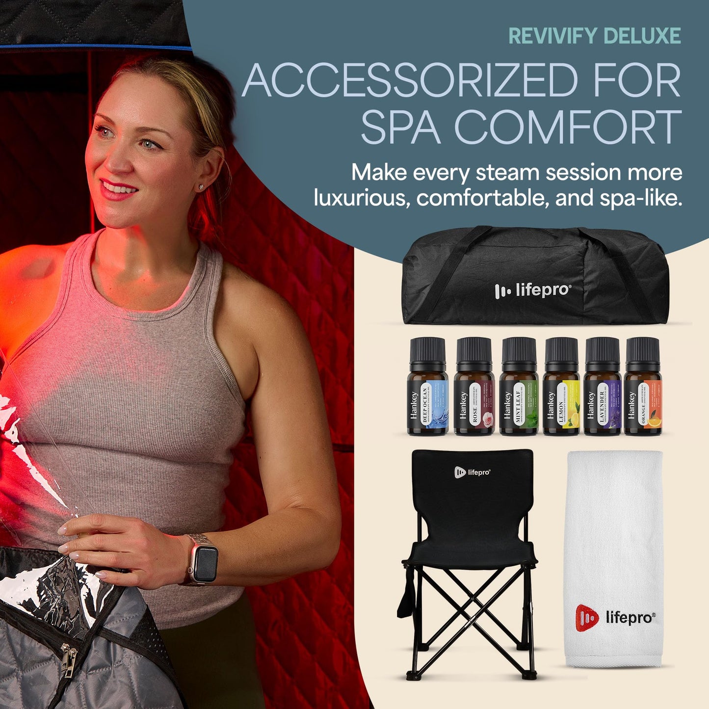 LifePro Revivify Deluxe Portable Sauna for Home with Red Light Therapy — Easy-to-Use Portable Infrared Sauna for Home — 2.6L Steamer & 6 Essential Oils