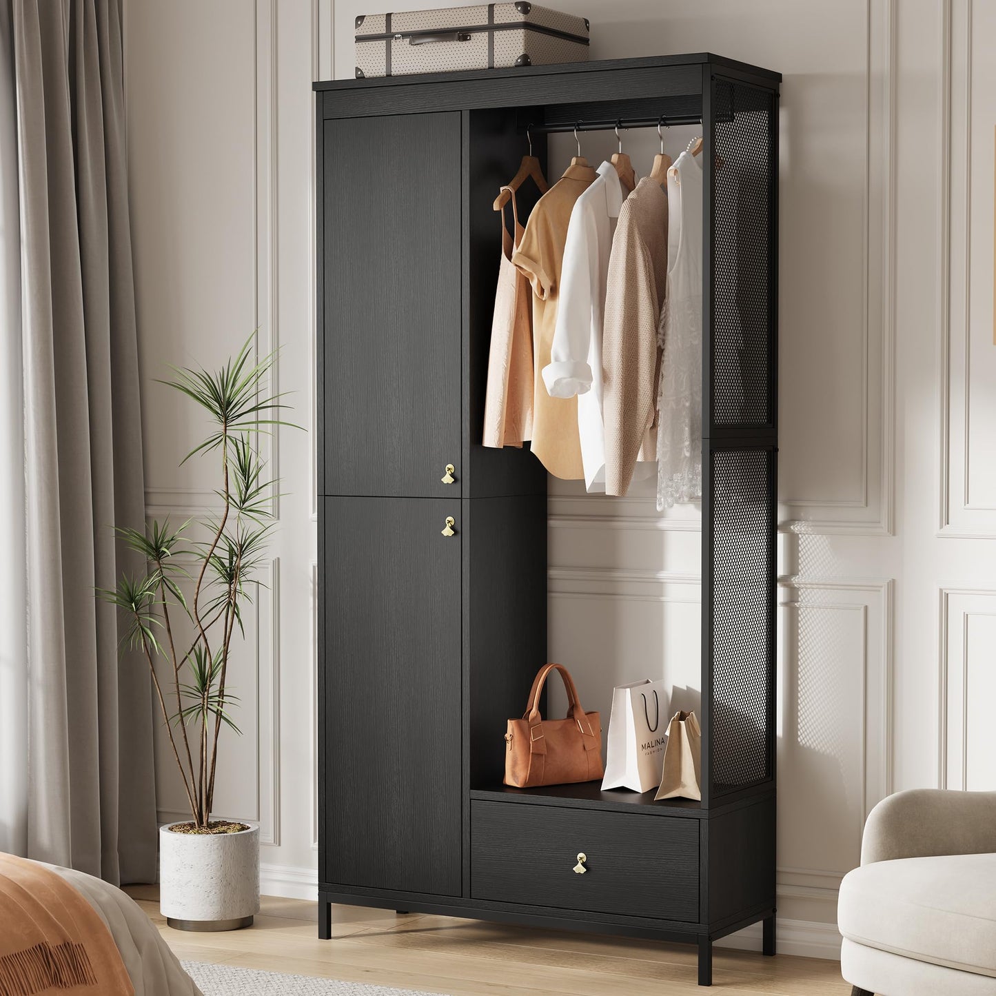 78.9" Armoire Wardrobe Closet with Shelves and Hanging Rod, Large Fixed Compartment for Bedding & Luggage, Open Design of the Hanging Area, Metal Frame Wardrobe Cabinet for Bedroom (1 Drawer, Black)