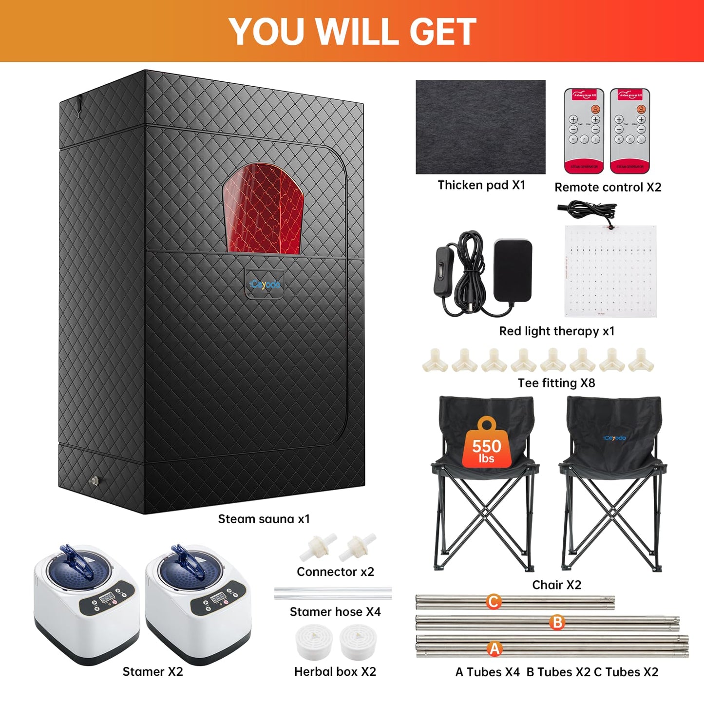 Ceyodo Upgraded 2 Person Infrared Sauna Box, 77”x 37”x 50” Portable Sauna with 660nm Red Light Therapy & 850nm,5-Layer Waterproof, 2 Steamers,2 Folding Chairs for Home Sauna