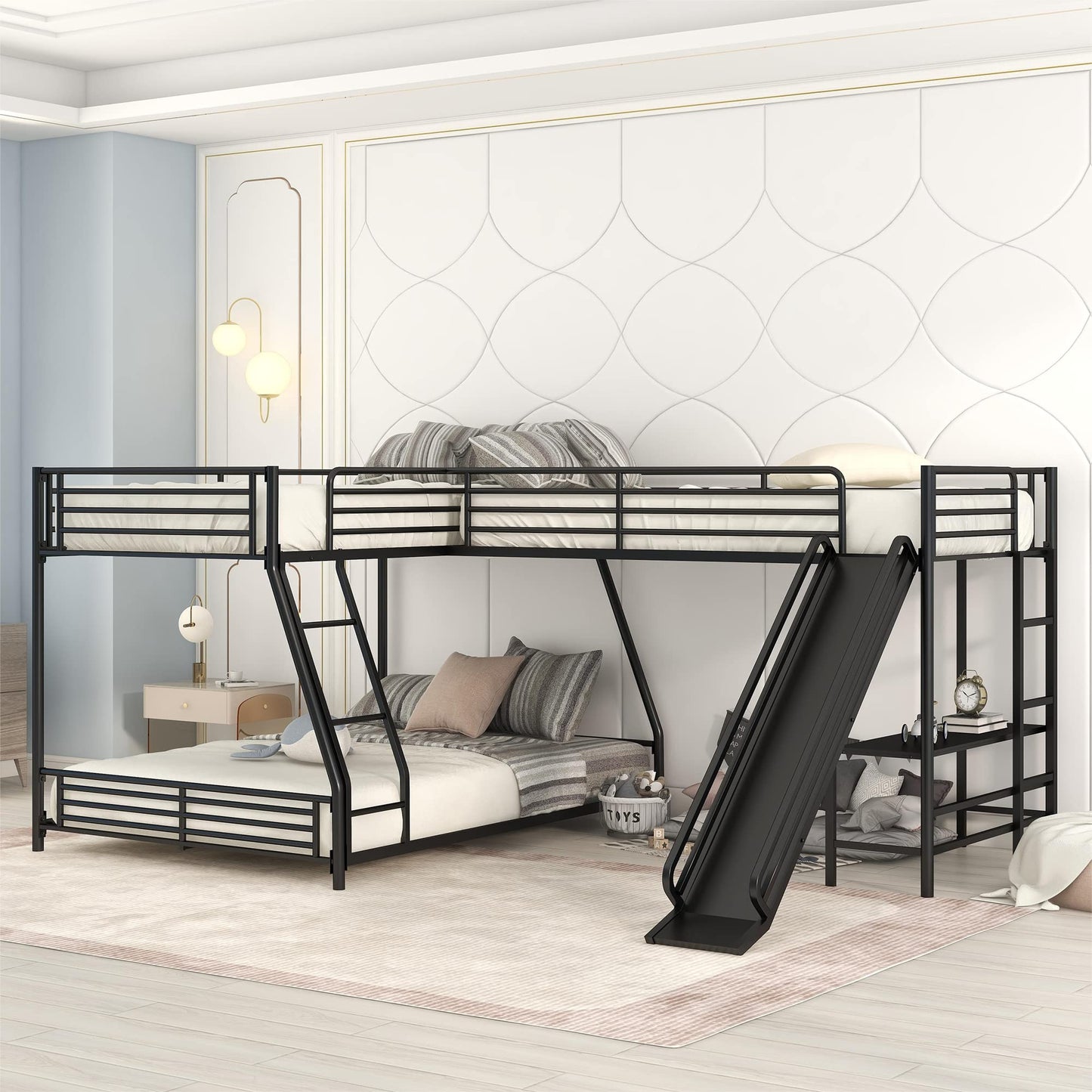 Acosure L-Shaped Twin Over Full Bunk Bed with Twin Size Loft Bed Frame Have Desk/Slide/Integrated Ladder/Full-Length Guardrails/Metal Slats Support/Easy to Assemble,for Adult Boy Girl,Black