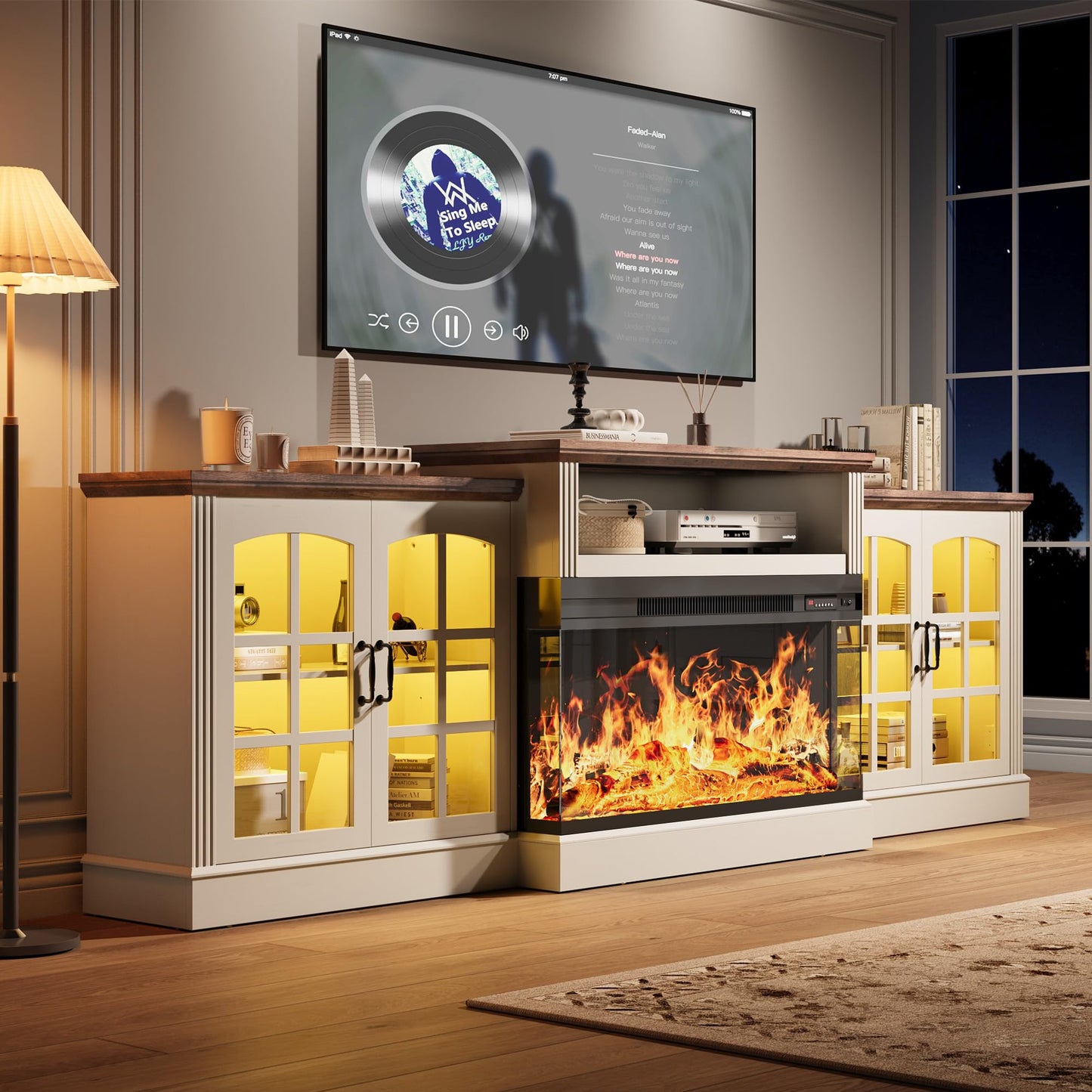 OneBlis 97" Fireplace TV Stand with 36" Electric Fireplace, Farmhouse Entertainment Center for TVs up to 100", Media Console Table with Large Storage Cabinets, for Living Room, White