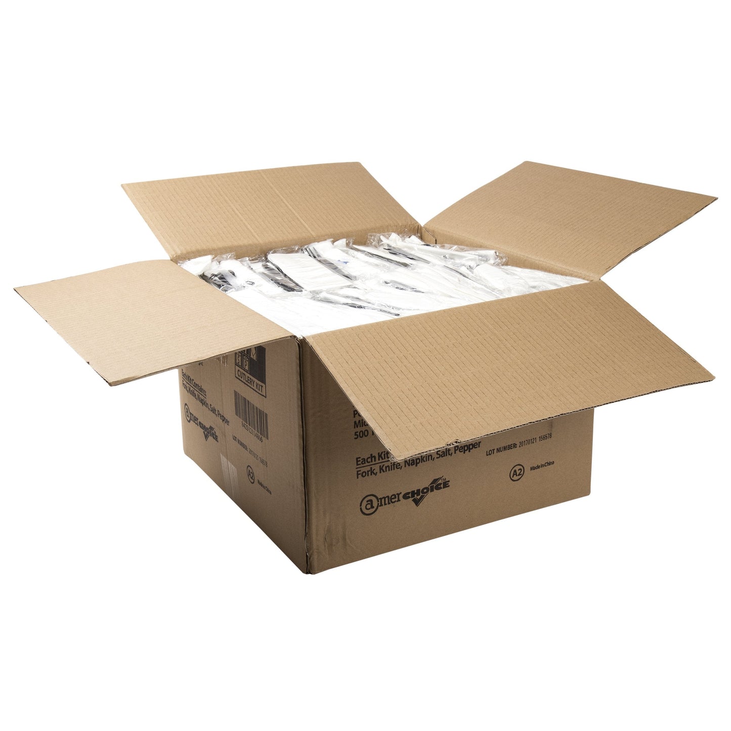 AmerCareRoyal 5-in-1 Disposable Silverware Heavy Duty Plastic Utensil Set with Fork, Knife, Salt & Pepper Packets, 13x17 inch 2-ply Napkin - Individually Wrapped Cutlery Meal Kit, Black, Case of 500