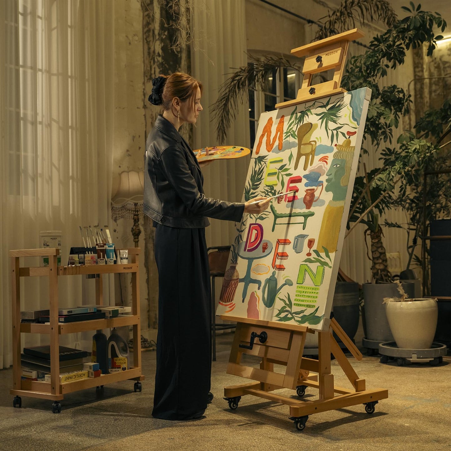 MEEDEN Extra-Large Artist Easel, Heavy Duty Painting Easel, Solid Beech Wood Professional H-Frame Easel, Movable and Tilting Flat Art Easel Stand for Adults, Holds Art Canvas Up to 76.7"