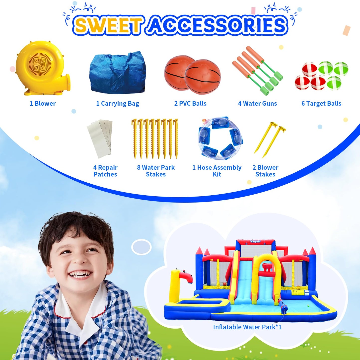 Easyair Large Inflatable Water Slide for Big Kids, Water Bounce House, Outdoor Blow Up Pool, Climbing Wall, Basketball Hoop with Blower