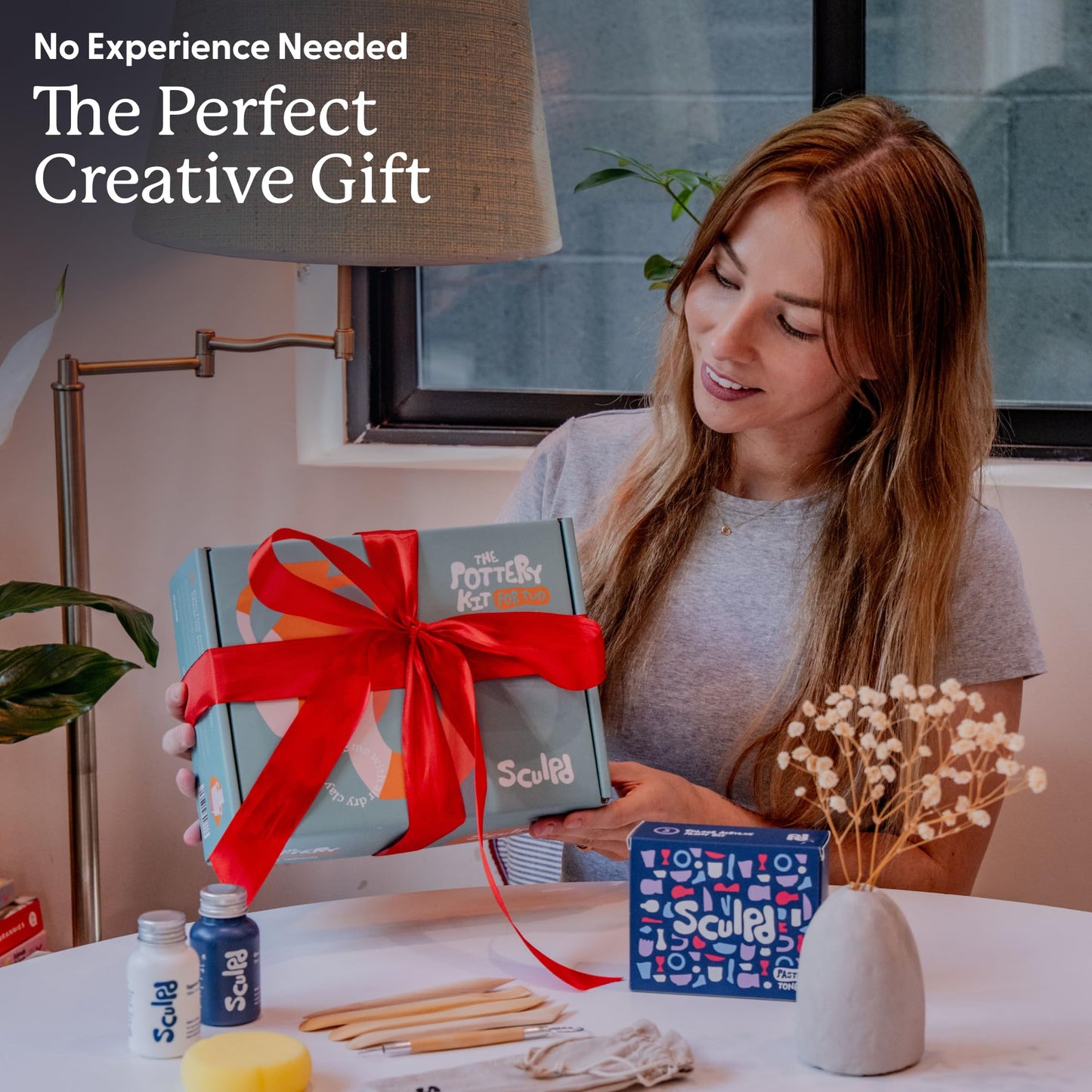 Sculpd - The Original Pottery Kit for Adults - Air Dry Clay for Adults, Tools, Varnish, Paints, Brushes, Couples Date Night Arts & Crafts Set, Gloss Varnish with Pastel Tones
