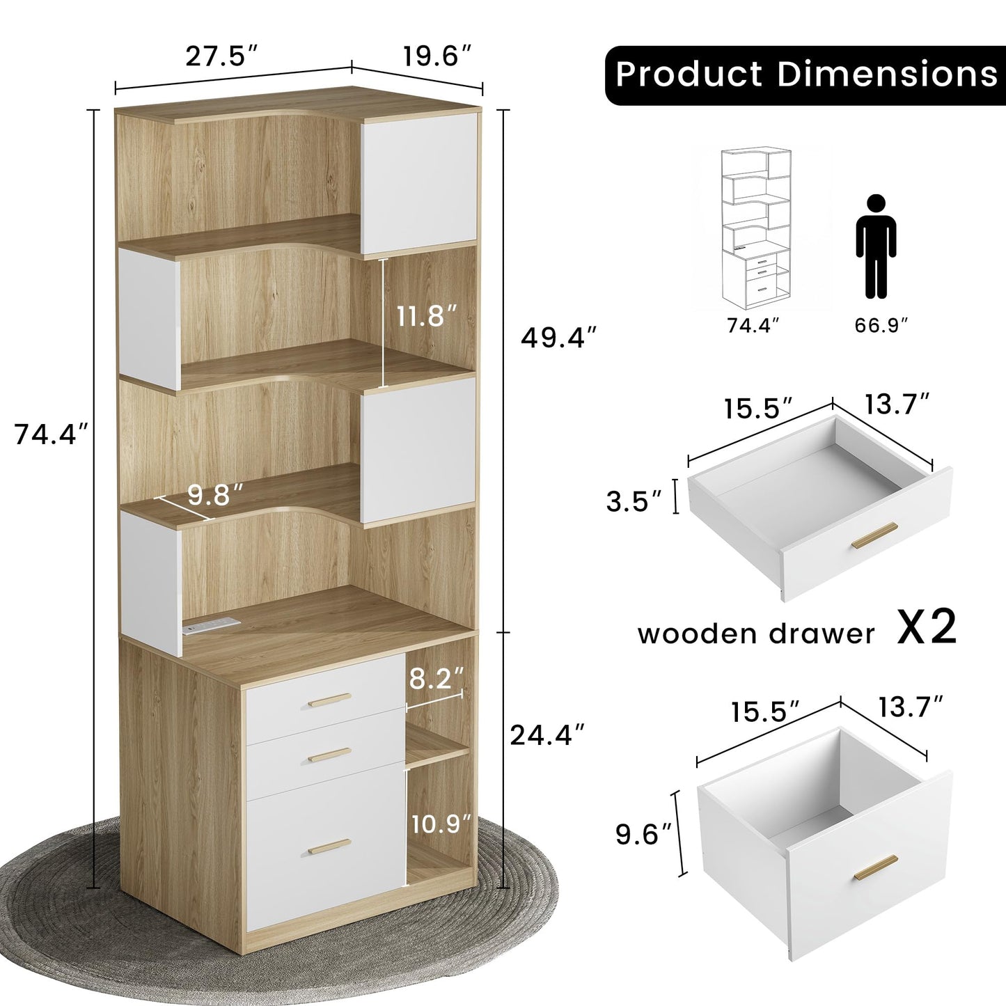ModernMate Corner Bookshelf with Storage, 74.4" Tall L-Shaped Bookcase with 3 Drawers & AC/USB Charging Station, 7 Tier Wooden Open Display Rack for Living Home Office, Light Walnut