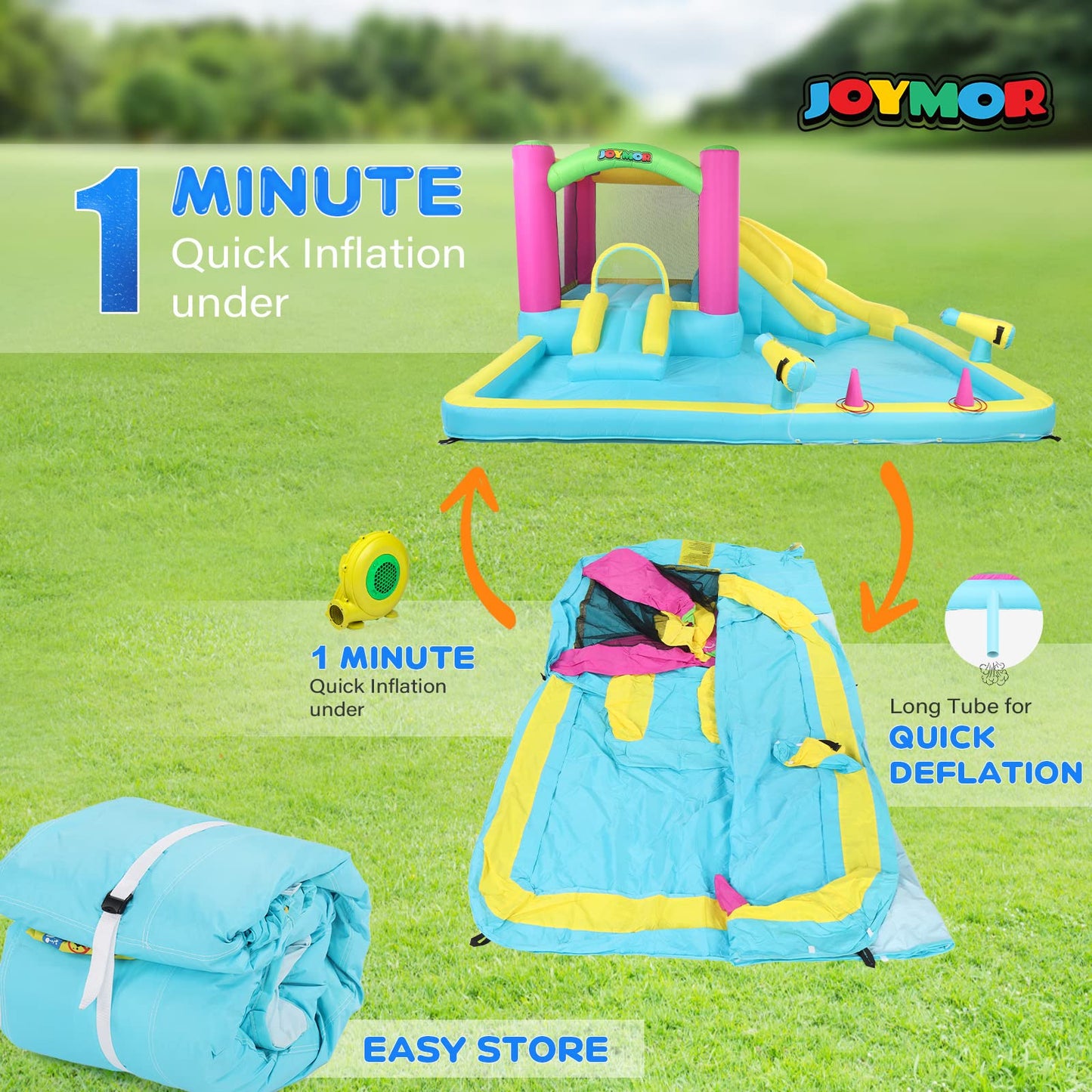 JOYMOR Inflatable Bounce House with Double Water Slide for Kids Toddler Age 3-10, Splash Pool Water Cannons, Ring-Toss Games for Outdoor Backyard Fun Water Toys, Indoor Bouncy Castle with Air Blower