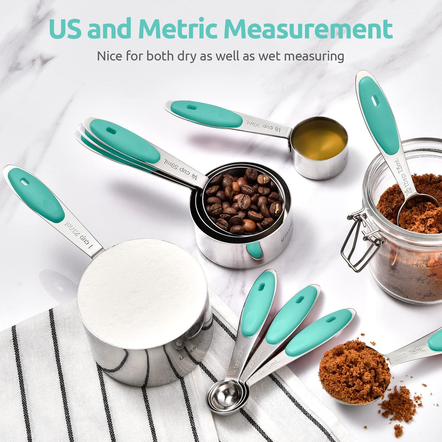 Measuring Cups and Spoons Set: U-Taste 18/8 Stainless Steel 12 Pieces Metal Stacking Kitchen Baking Cooking Food Measure Set 7 Cups 5 Spoons with Strengthened Weld Joints (Aqua Sky)