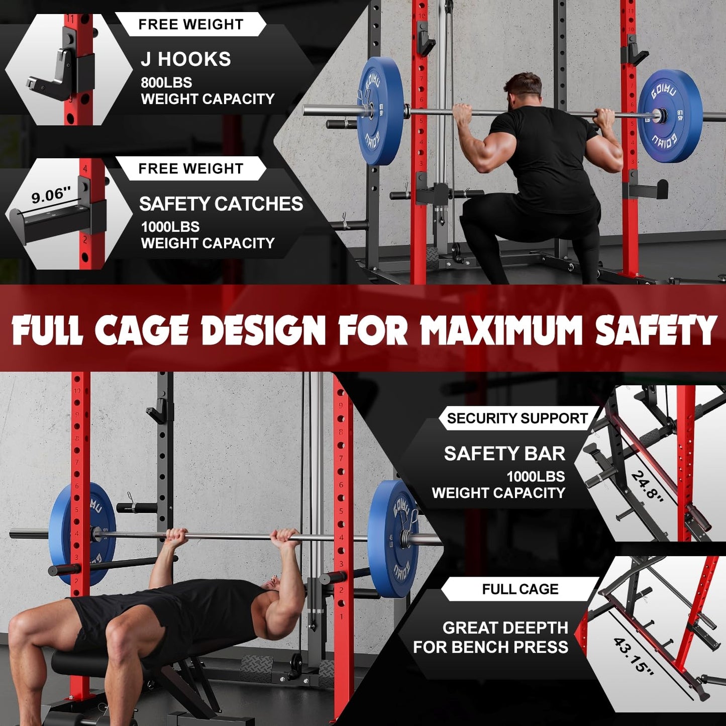 Goimu C1-V4 Power Cage, 2000LBS Squat Rack with LAT Pulldown, Multi-Function Weight Cage Strength Training Machine, Workout Cage with More Attachments for Home Gym Garage (210LBS RD Home Gym Packages)