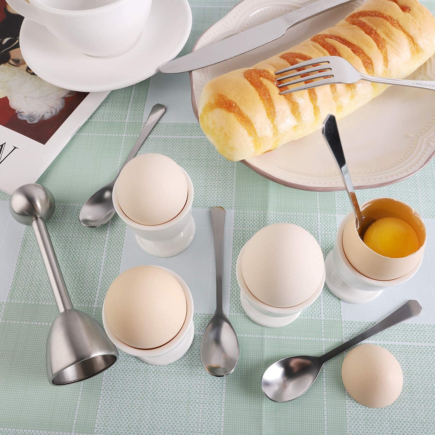 Egg Cracker Topper Set for Soft Hard Boiled Eggs Shell Removal Includes 1 Egg Cutter 4 Ceramic Egg Cups and 4 Spoons