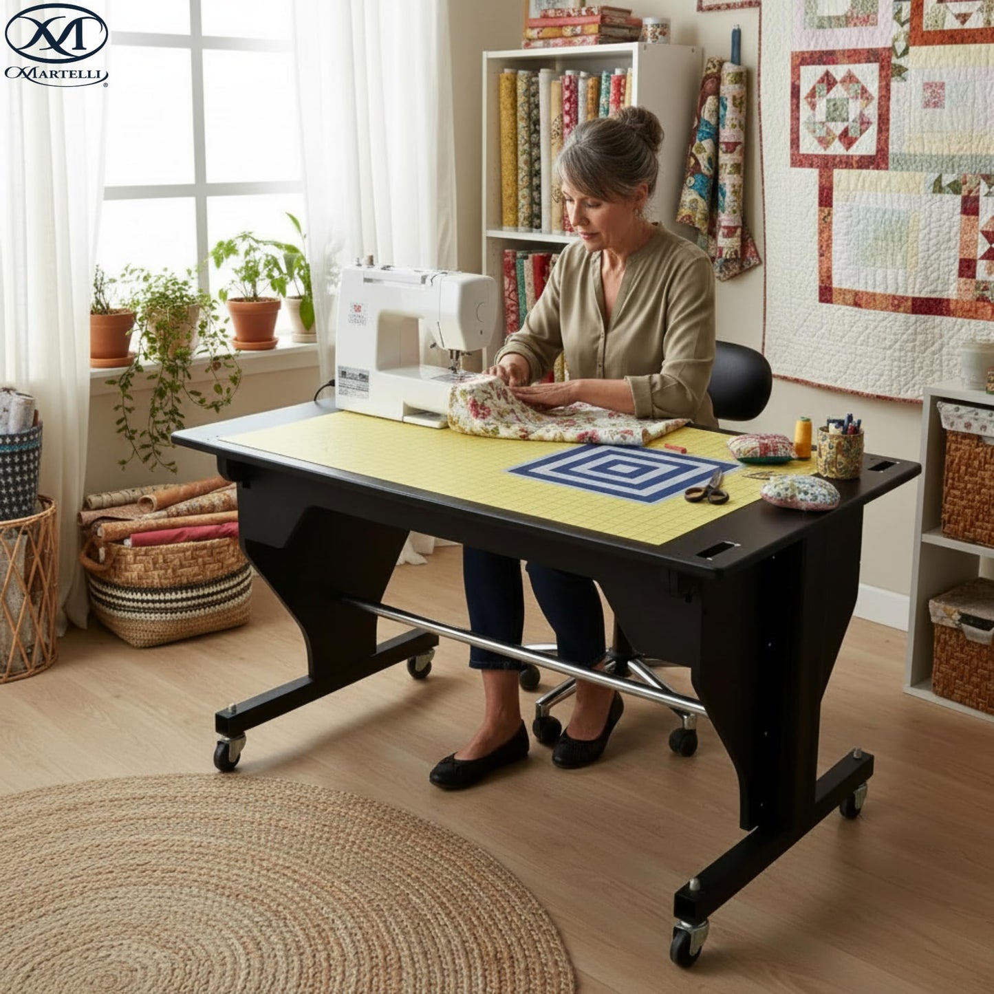 Martelli Premier Electric Sewing Table 47x29 Tabletop - Remote Operated Height Adjustable Sewing Cabinet - Drafting Table with Cutting Mat, Rotary Cutter Deal (Black, Sensational)