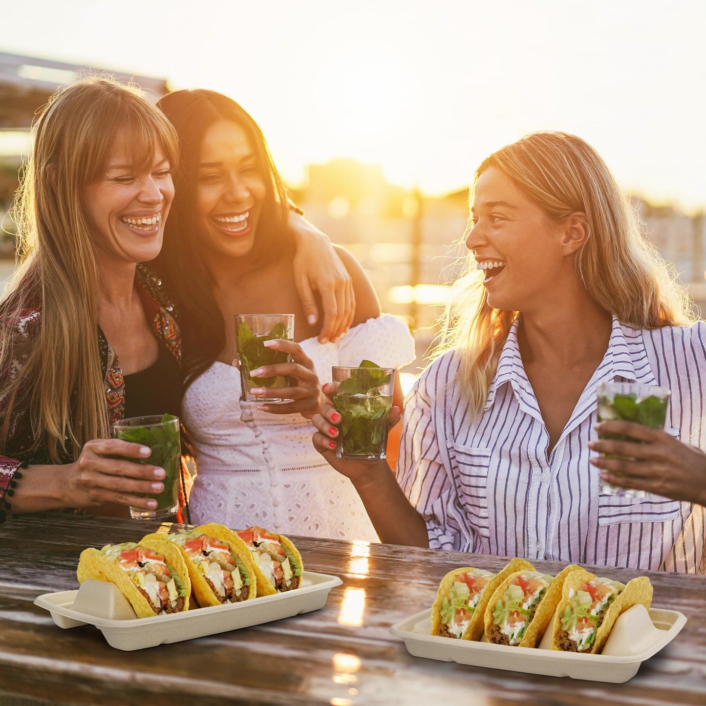 BIRCHIO 50 Pack Heavy Duty Disposable Fiesta Taco Holders, Taco Plates with 3 Dividers Serving for Party, Taco Stand for Taco Tuesday, Perfect for Taco Bar Supplies