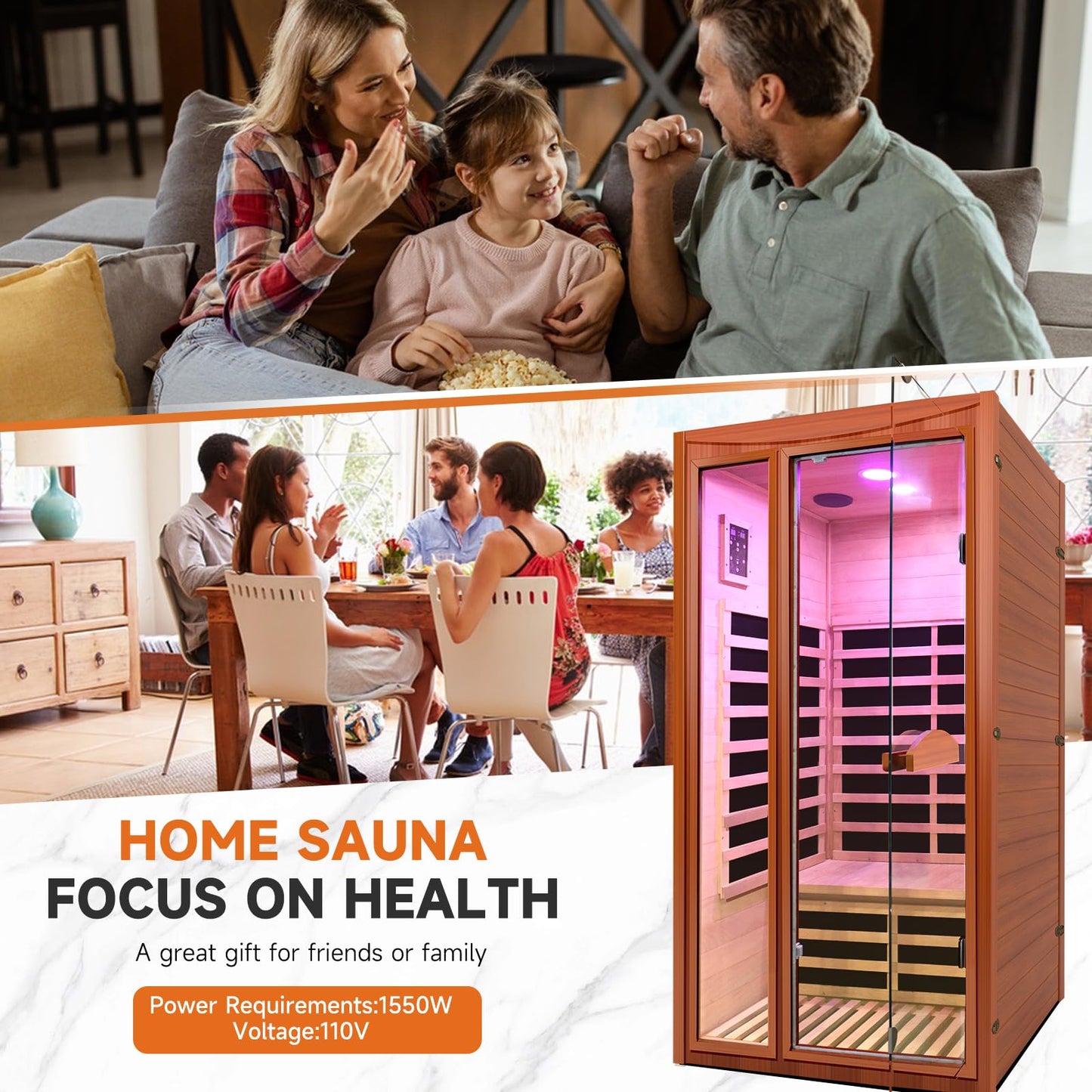 OUTEXER Far Infrared Sauna Home Sauna Spa Room for 1-2 Person Low-EMF Canadian Hemlock Wood 1550W Indoor Saunas with 7 Color Light 39.3 * 35.4 * 74.8Inch