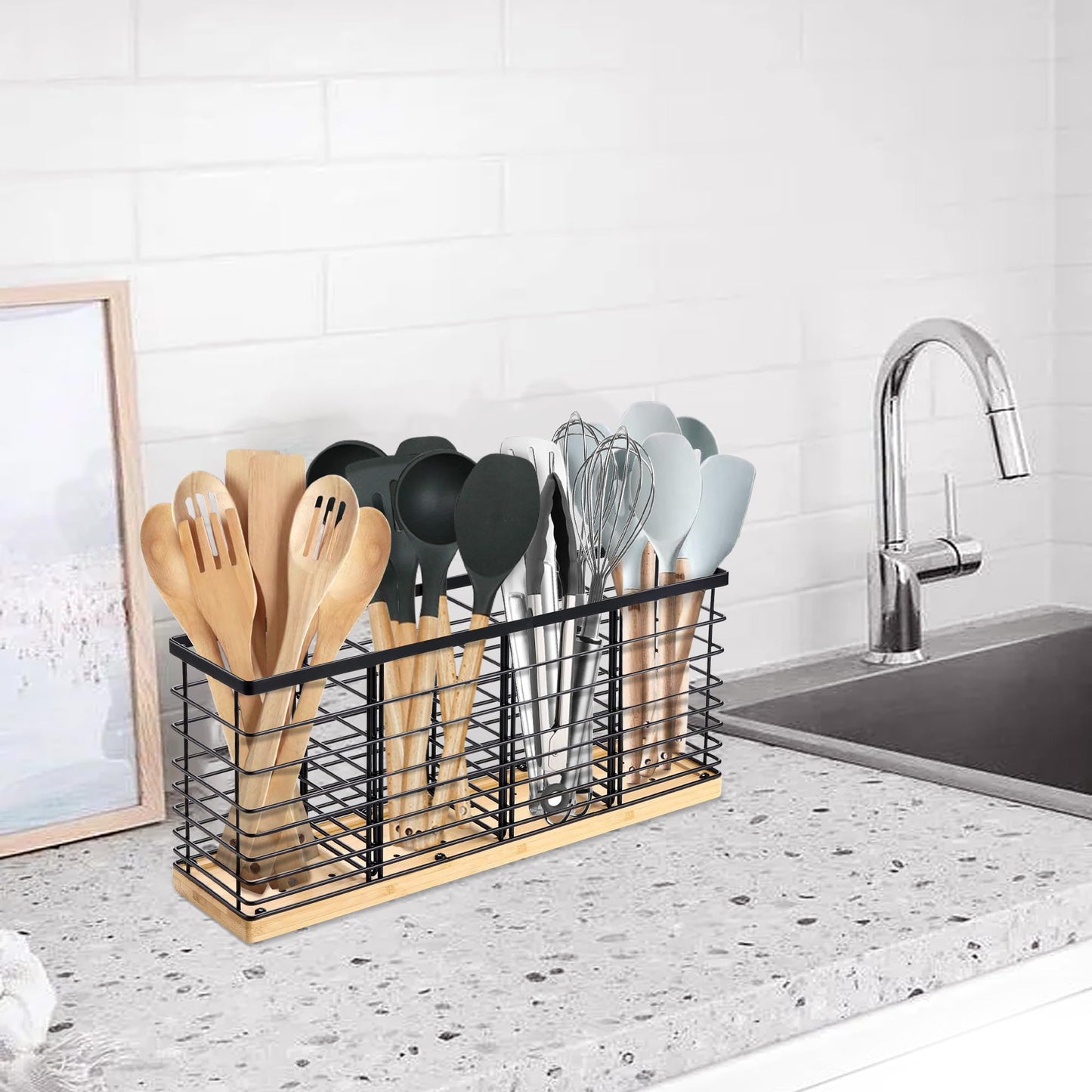 Suli Extra Large Kitchen Utensil Holder Countertop with 4 Compartments,Matte Black Metal holder with Wooden Base for Countertop,Farmhouse Utensil Organizer for counter,Rustic Cooking Utensil Organizer