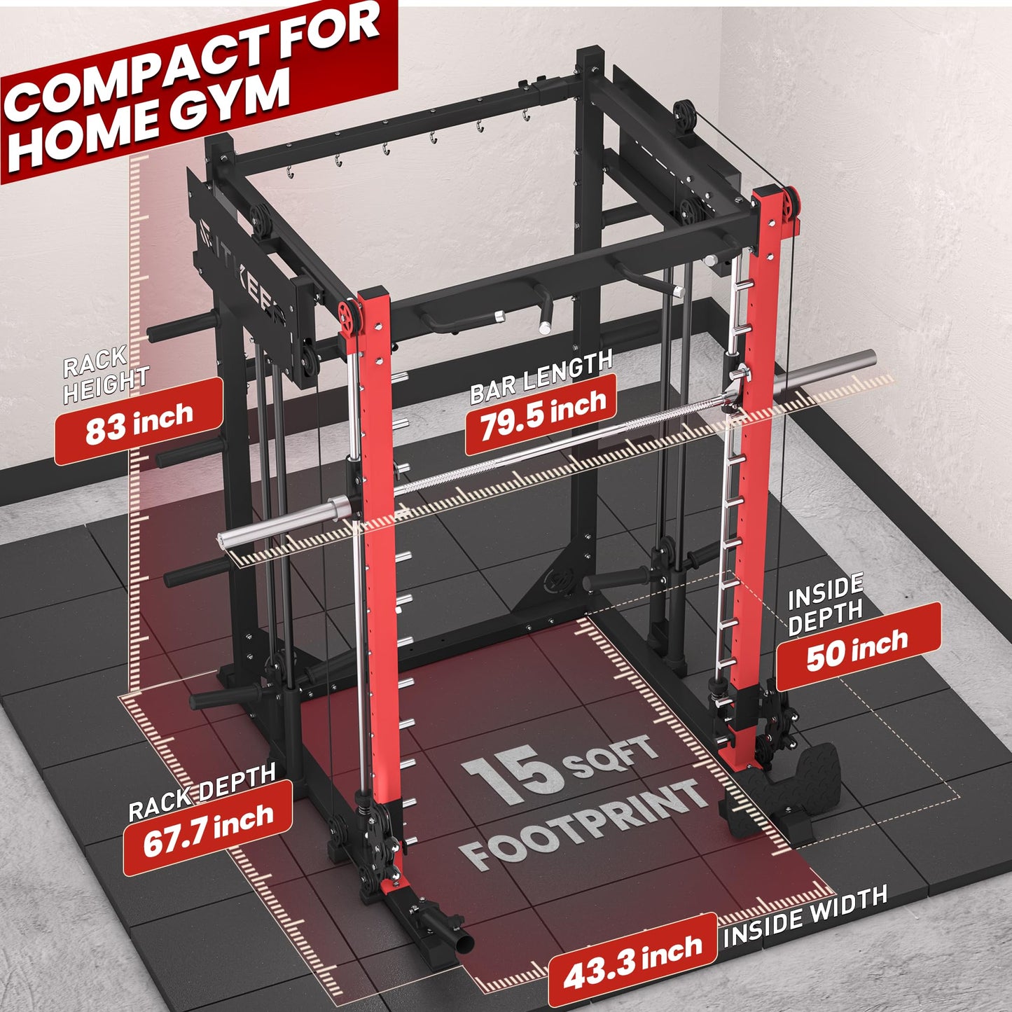 RitKeep PMAX-4750 Smith Machine with Jammer Arms and Leg Press Board, Adjustable 1:1 and 2:1 Pulley Ratios, 1800 LB Capacity,Multi-Function Commercial and Home Gym Equipment for Strength Training