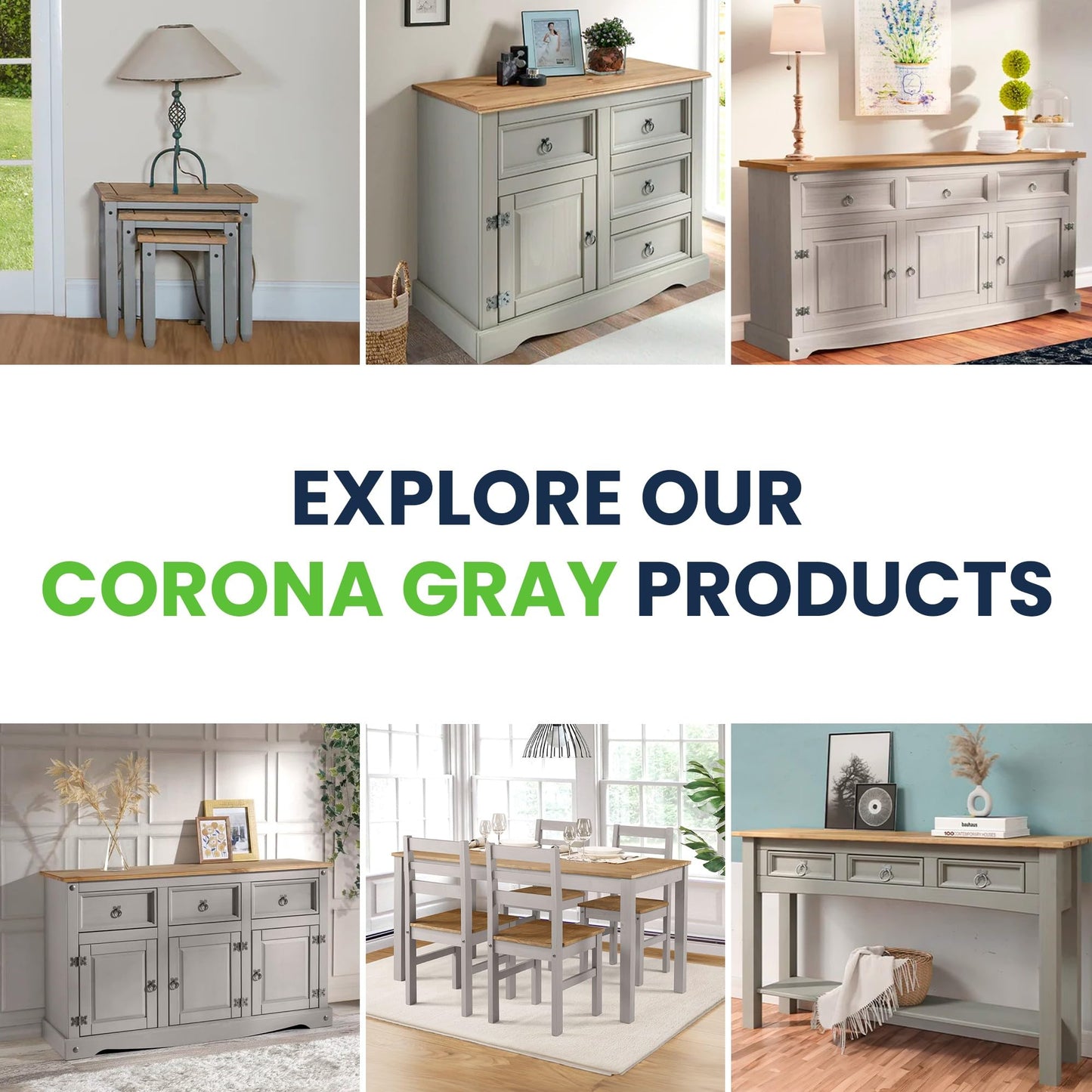 Furniture Dash Rustic Grey 6-Compartment Cabinet – Solid Wood Console Table with Storage Drawers & Doors for Dining, Kitchen, or Entryway Use