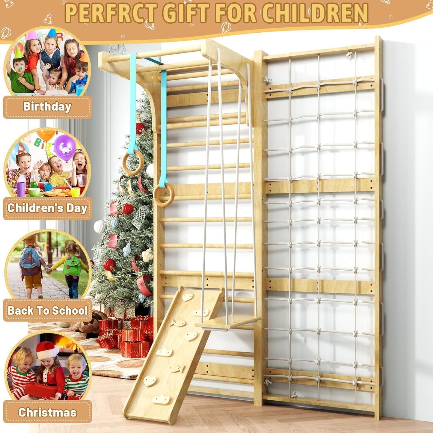 7-in-1 Swedish Ladder, Wooden Climbing Wall Ladder for Kids and Adults, Montessori Climber Playset with Pull-Up Bar, Indoor Climbing Gym, Kids Playground